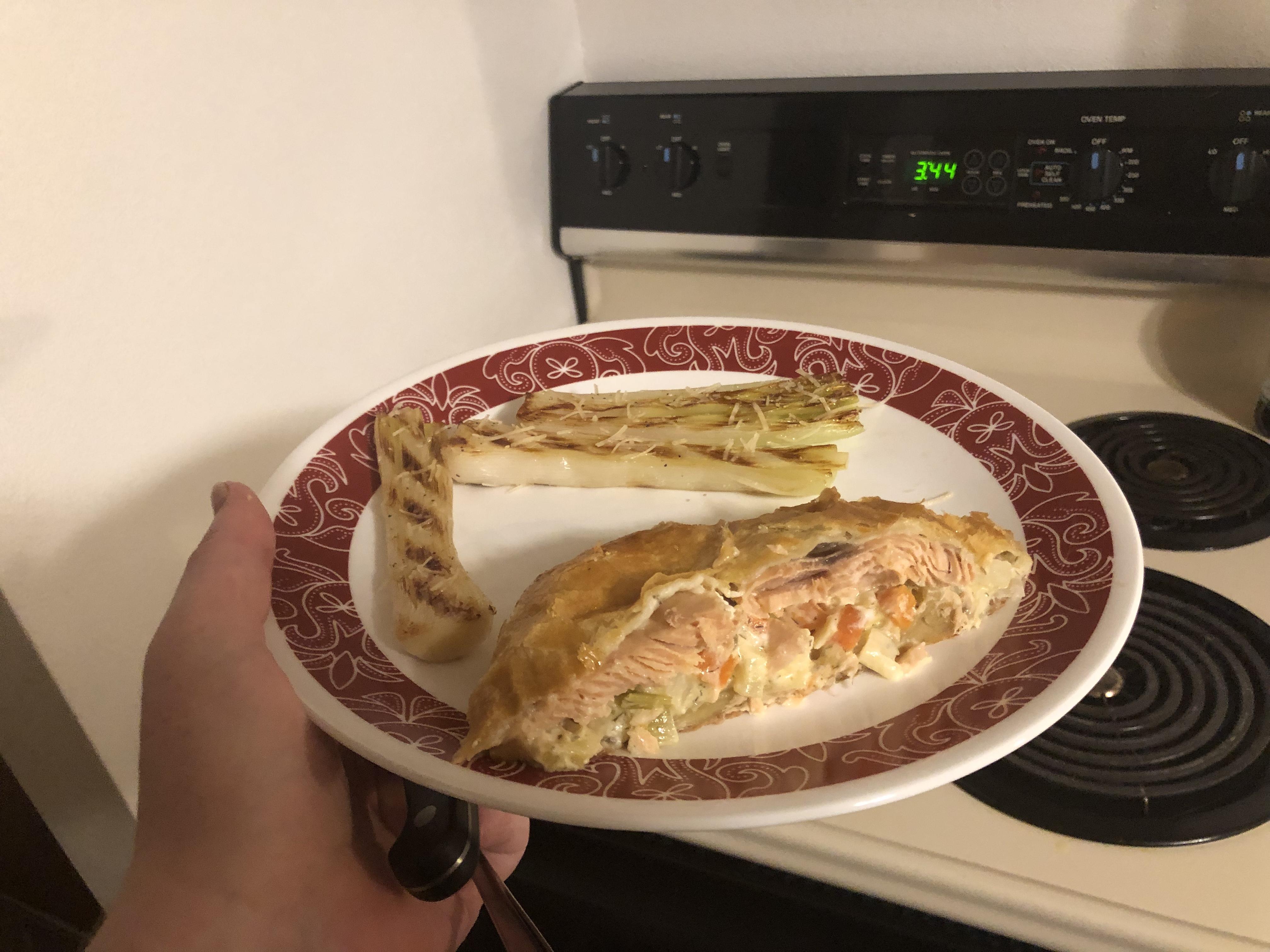 Grilled Leeks and Baked White River Salmon from the official cookbook