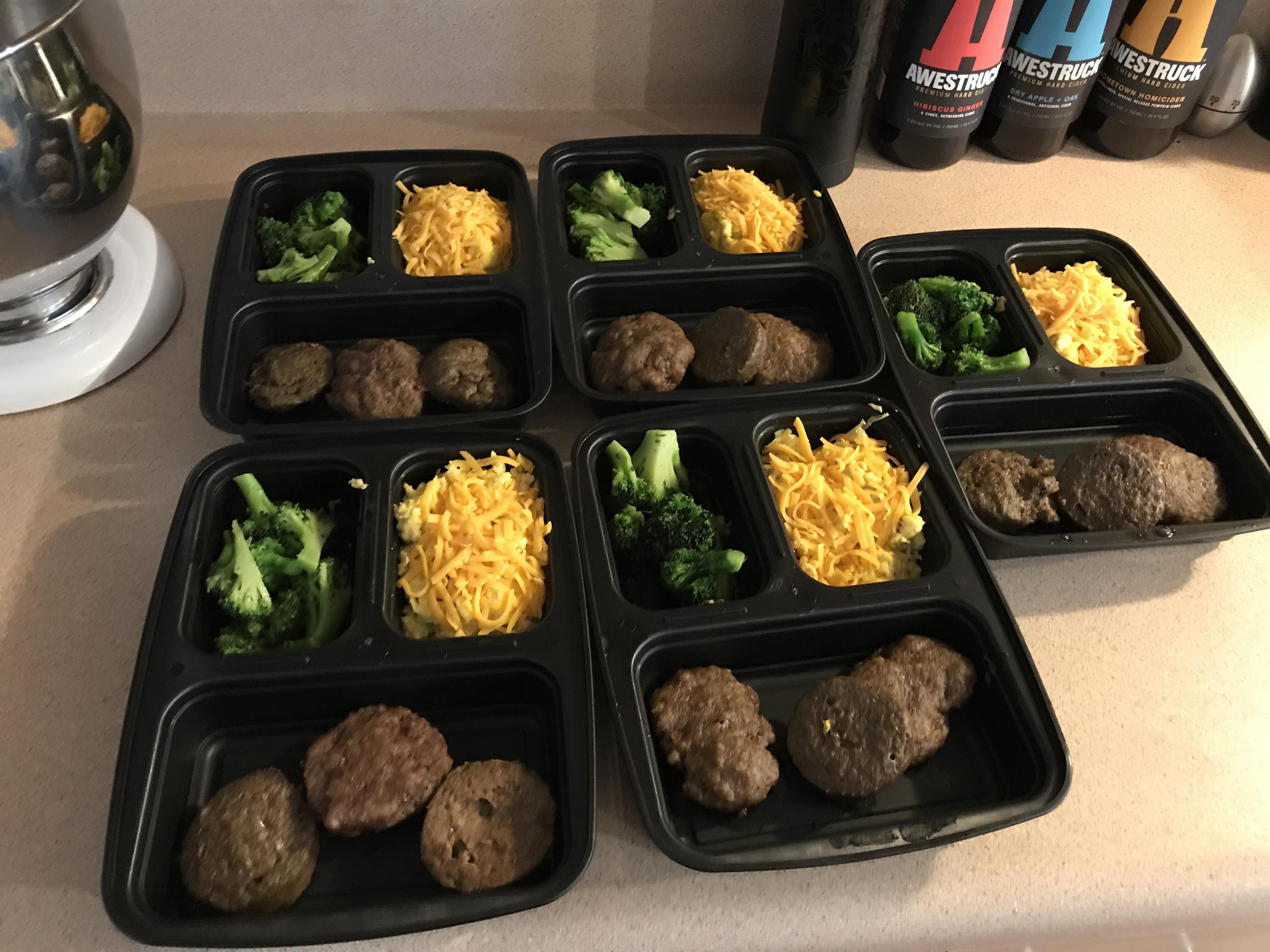Low Carb Breakfast Prep (scrambled with cheese, garlic broccoli, pork