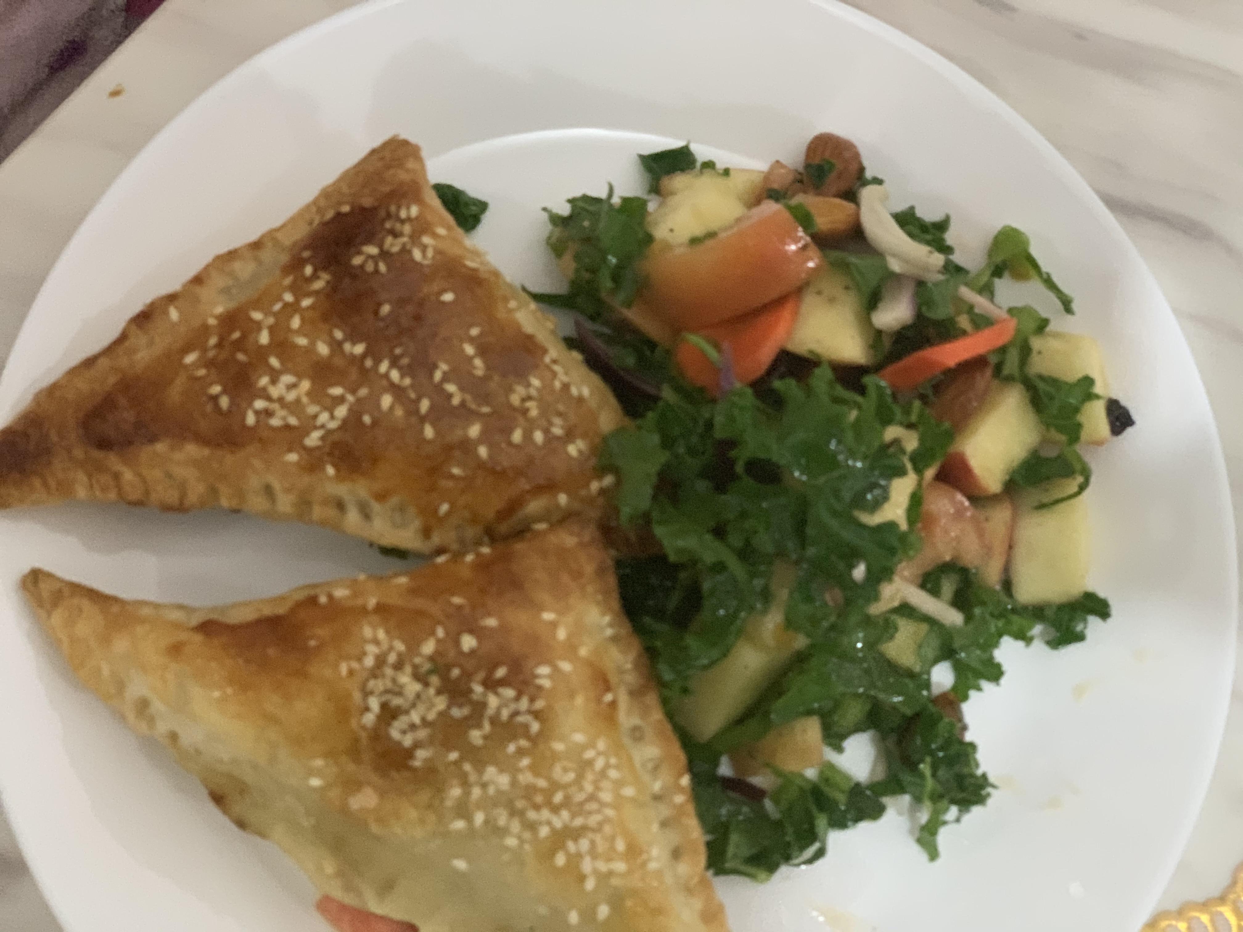 Homemade paneer and green pea pastry with and mix nepali vegfruit salad