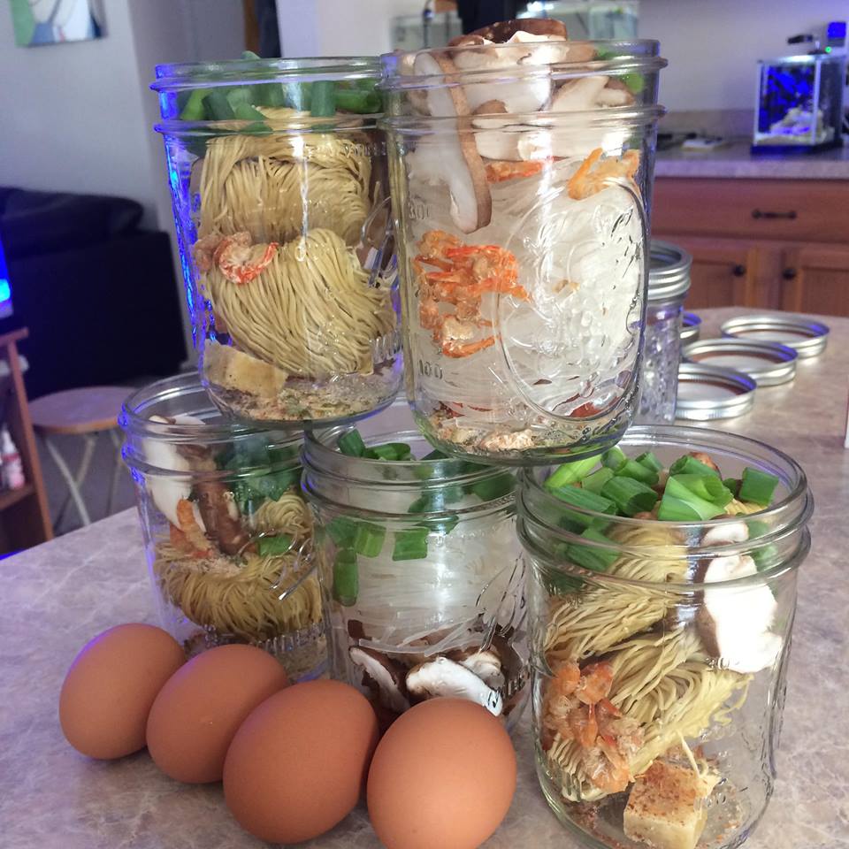 Super easy egg and rice noodle jars with assorted veggies, hardboiled