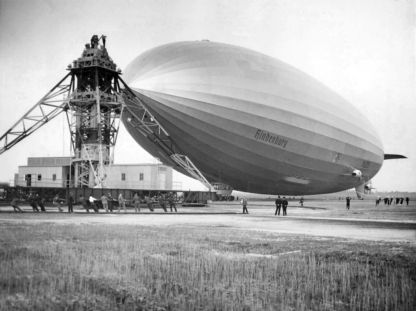 "The Hindenburg being moored at Lakehurst, NJ after its first