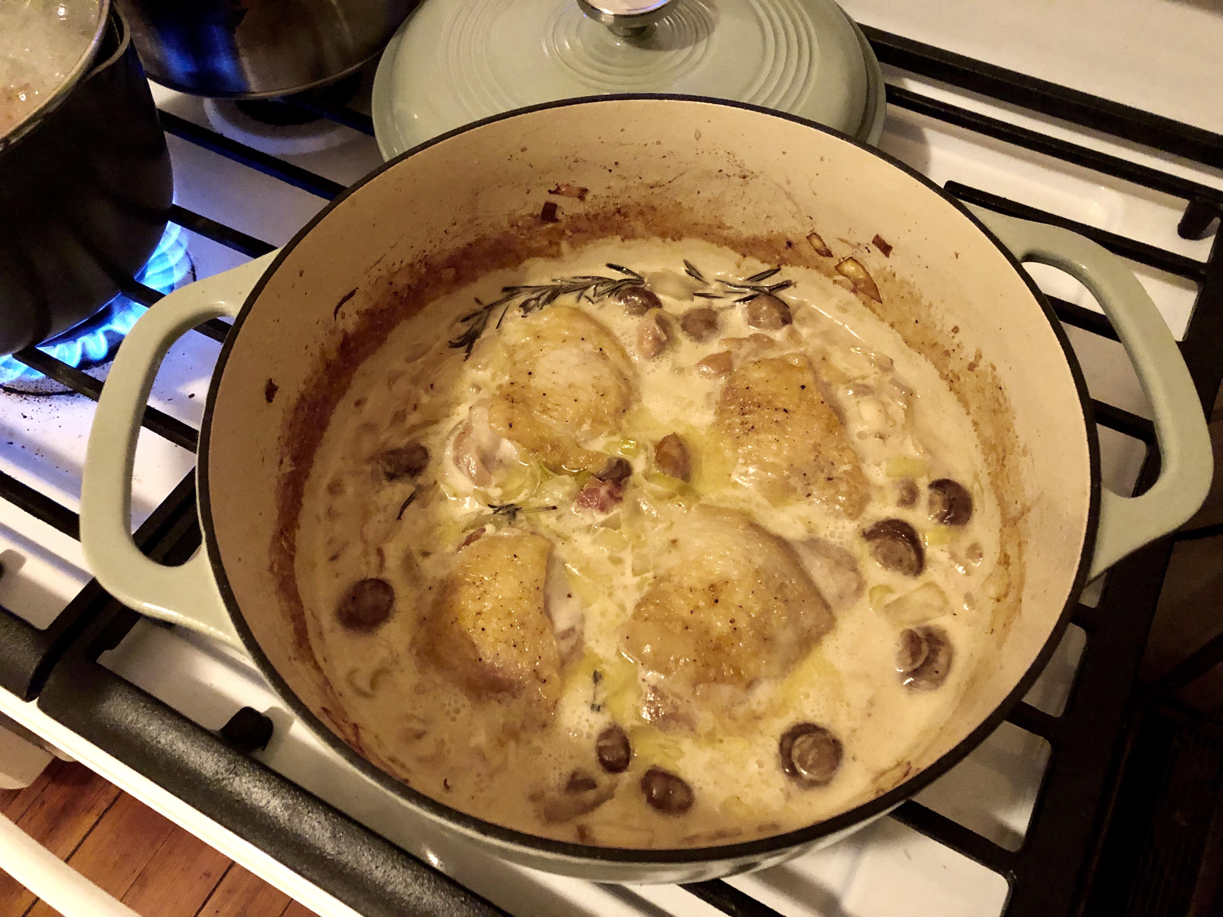 Any love for the Dutch oven? Chicken thighs braised in a white wine