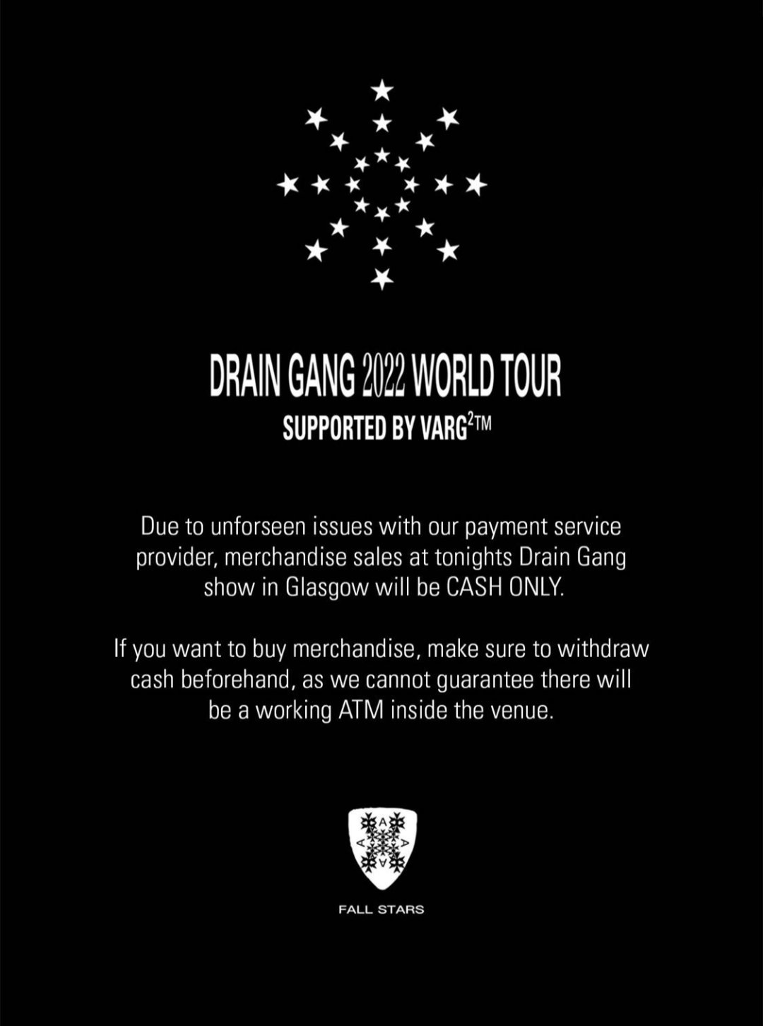 PSA Glasgow gig merch CASH ONLY r/sadboys