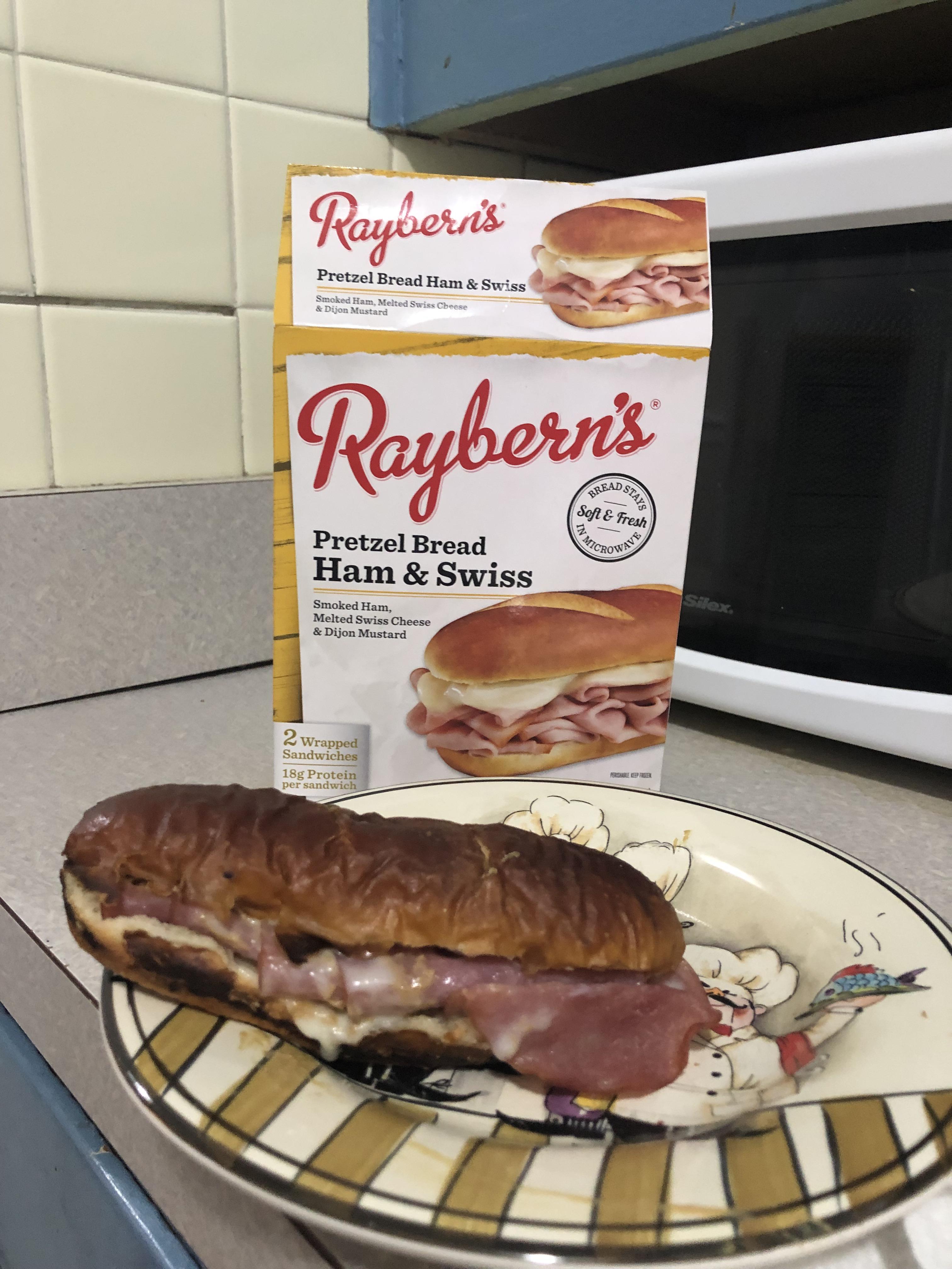 Raybern’s Pretzel Bread Ham & Swiss sandwich. Bread holds up great, ham