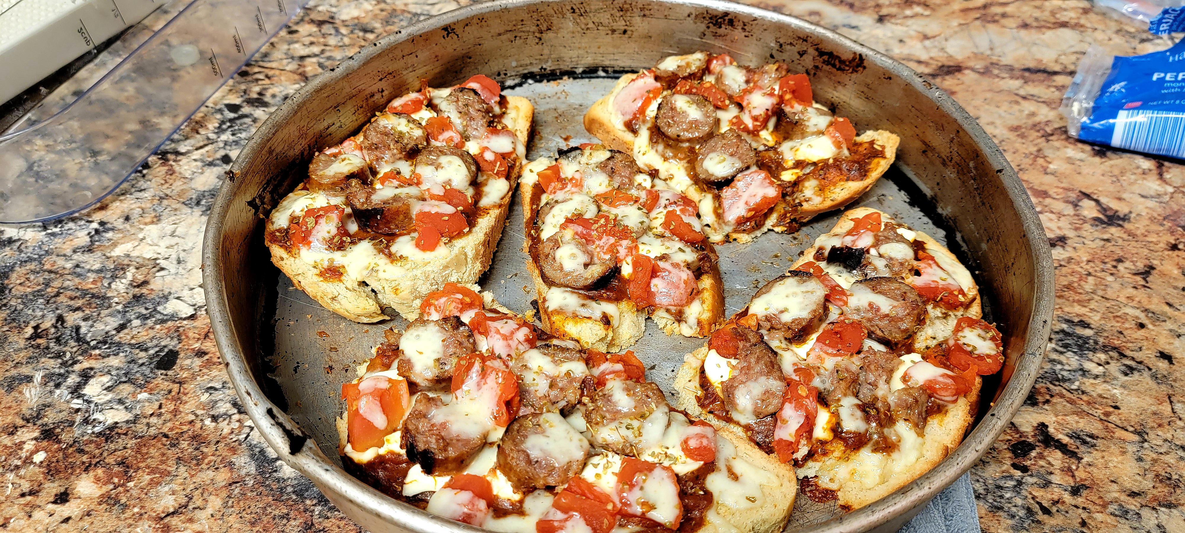 Sausage Tomato Pizza Toast with Rosemary Sage Bread r/MealPics