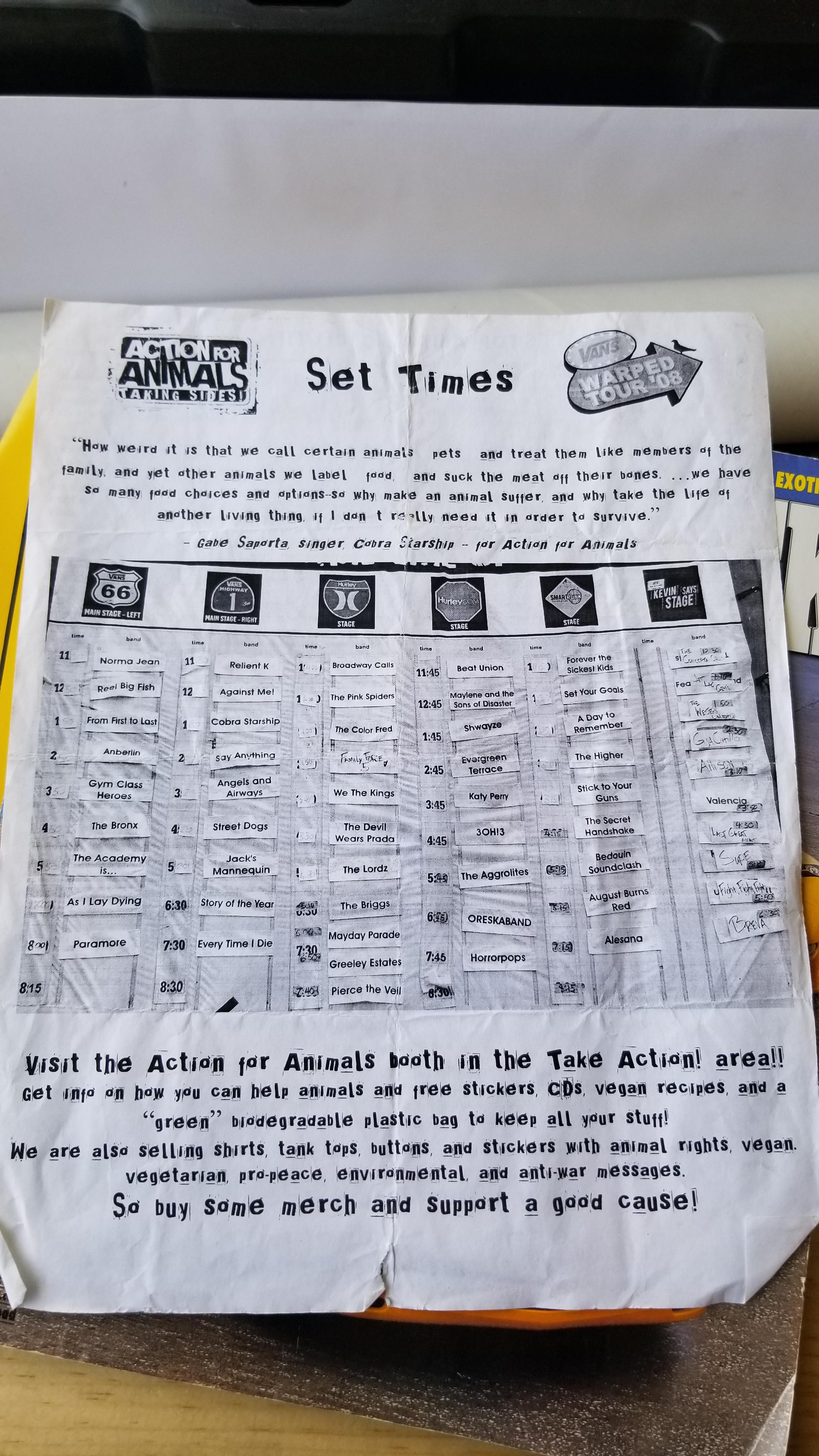 Found the set list for the 2008 Warped Tour in Houston while cleaning