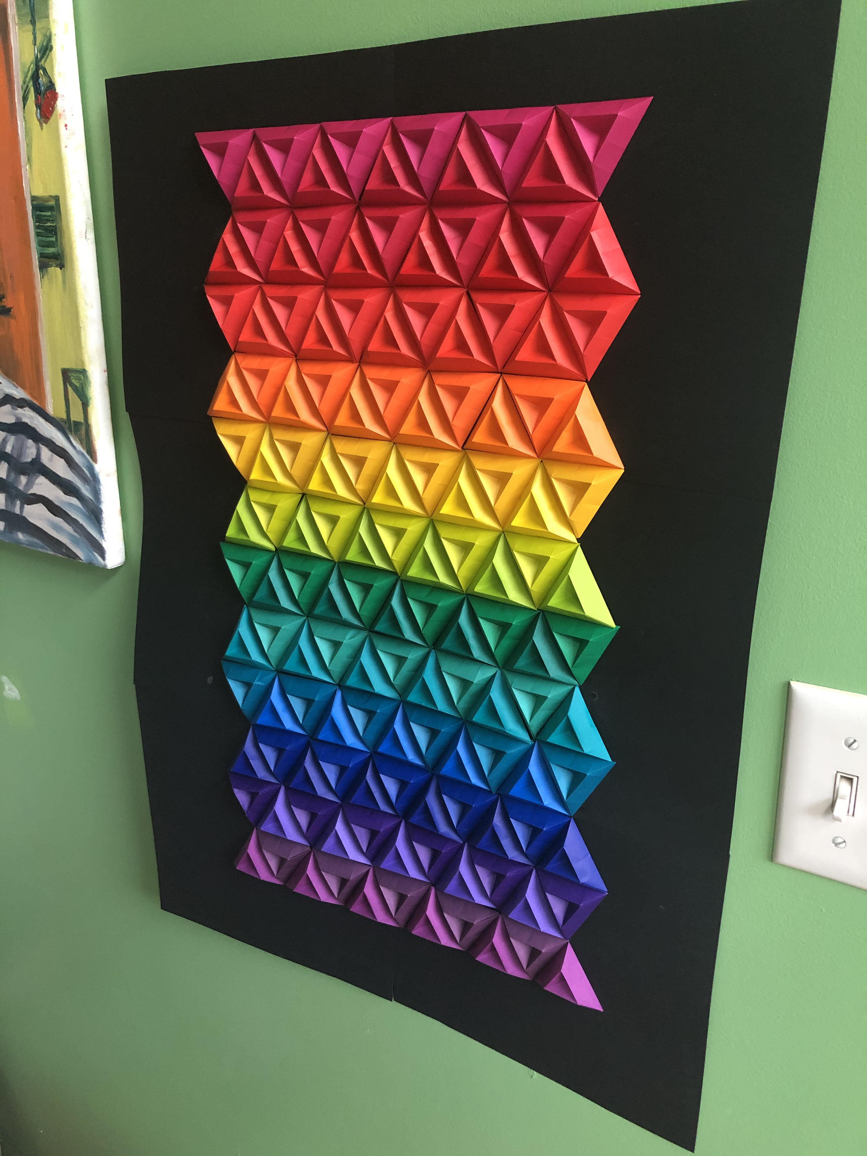 Origami wall hanging made from 132 tricorns origami
