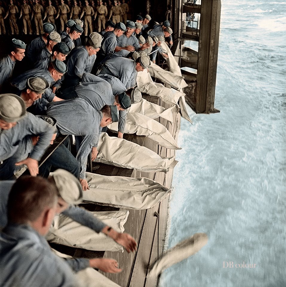 Burial at sea for the officers and men of the USS Intrepid killed