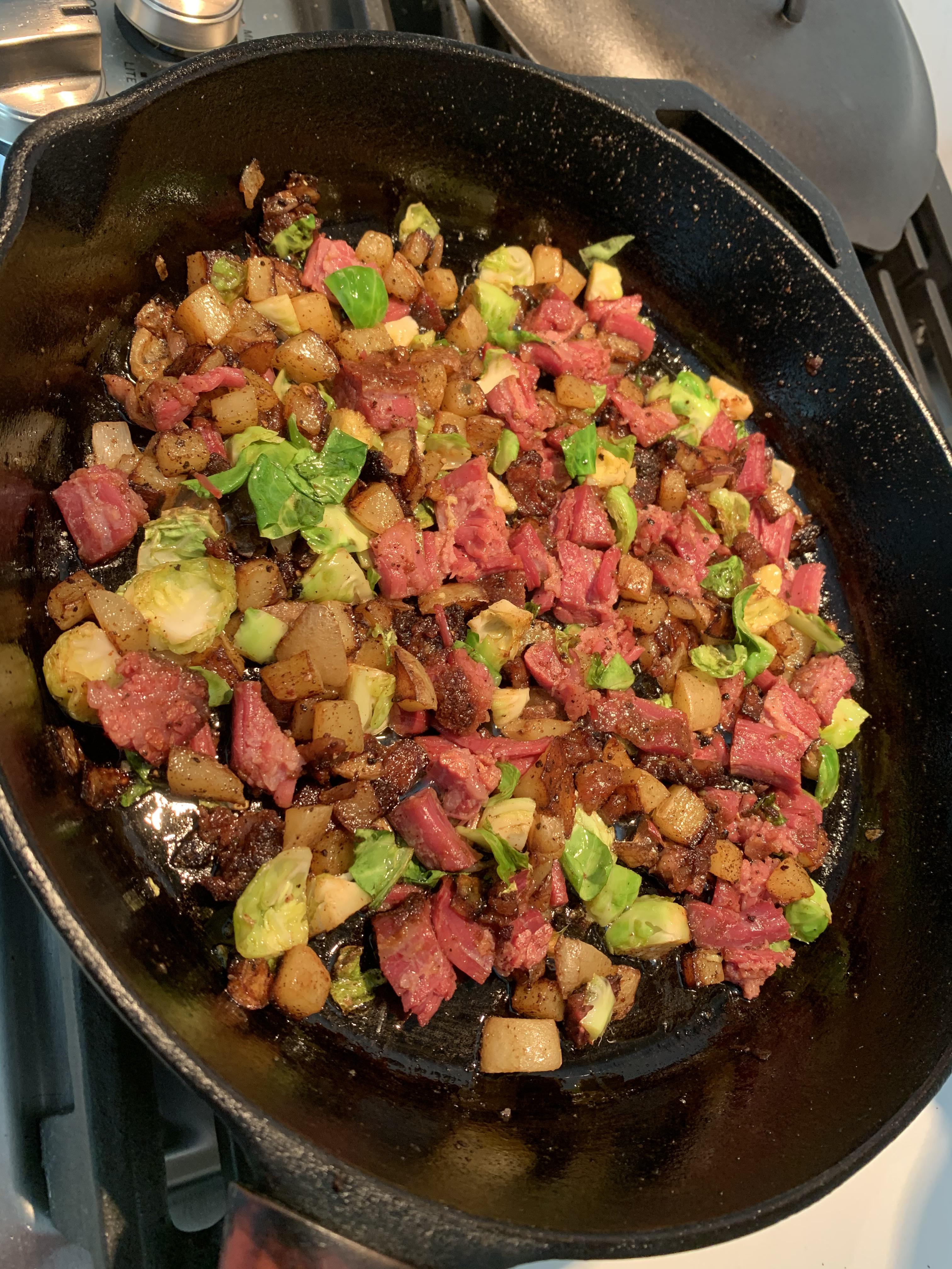 Pastrami hash with Brussels in the 12” lodge r/castiron