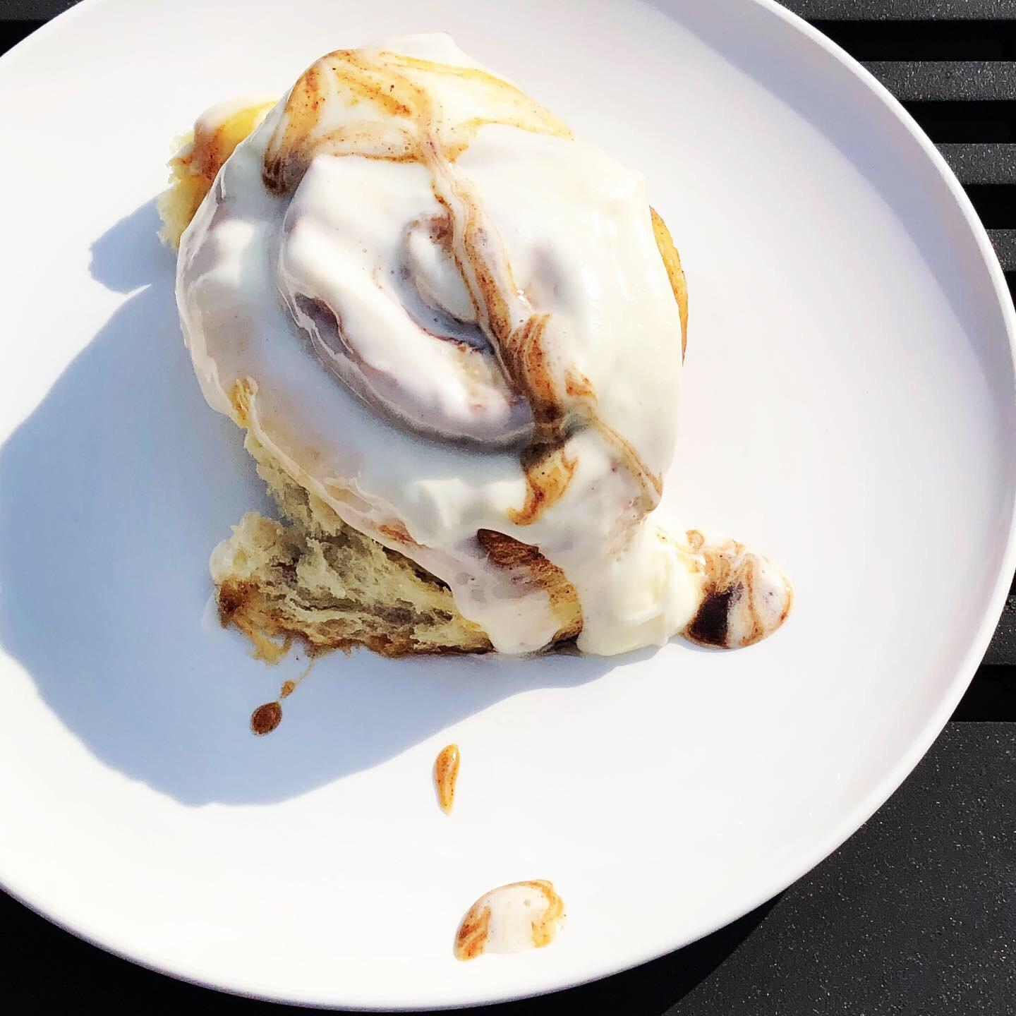 Super gooey cinnamon rolls with cream cheese icing made from a brioche