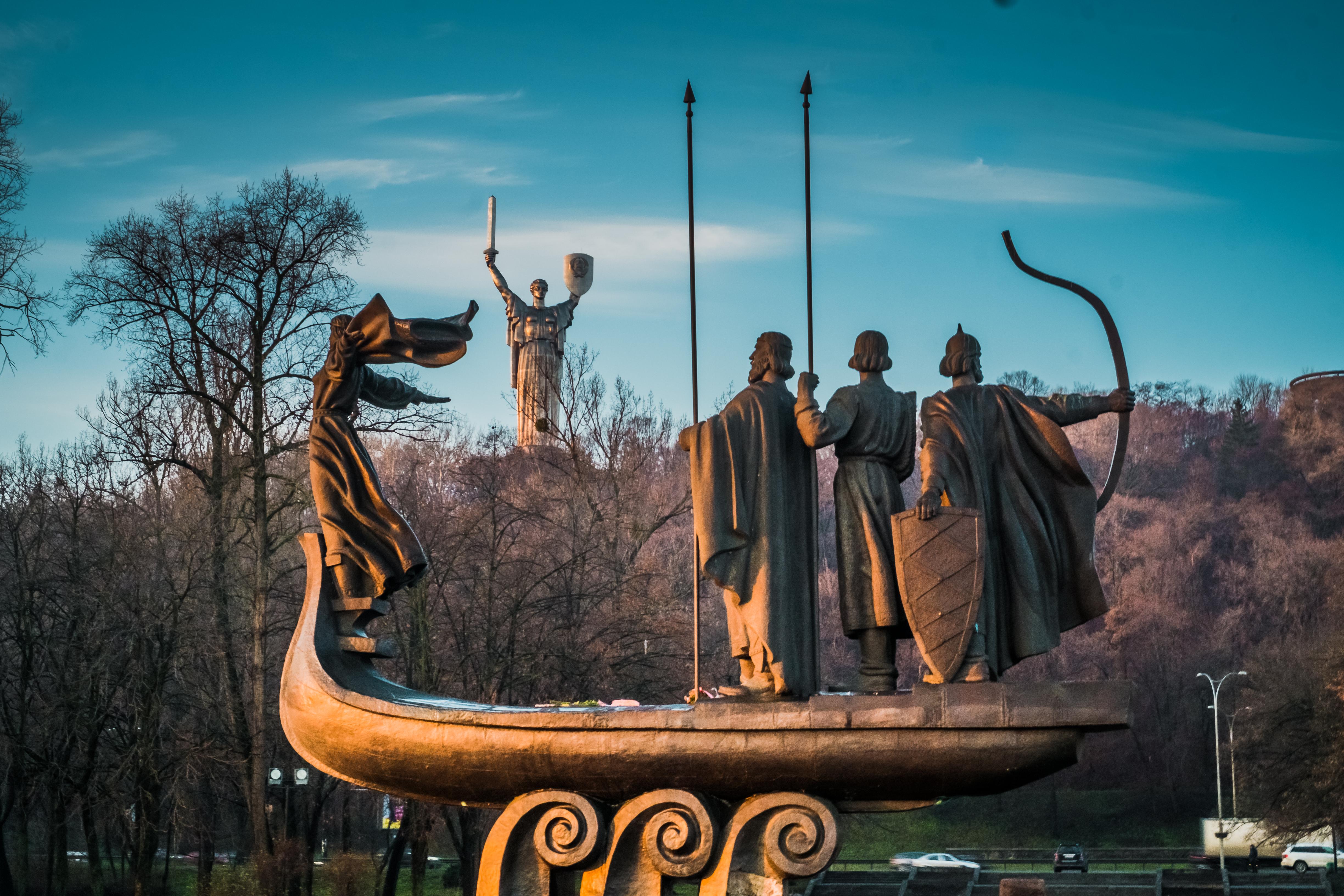 Monument of founders of Kyiv, Ukraine and Motherland statue on the