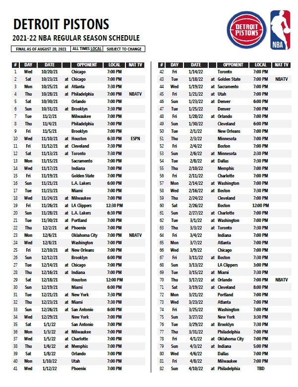 Detroit Pistons 2021-22 Schedule : r/DetroitPistons
