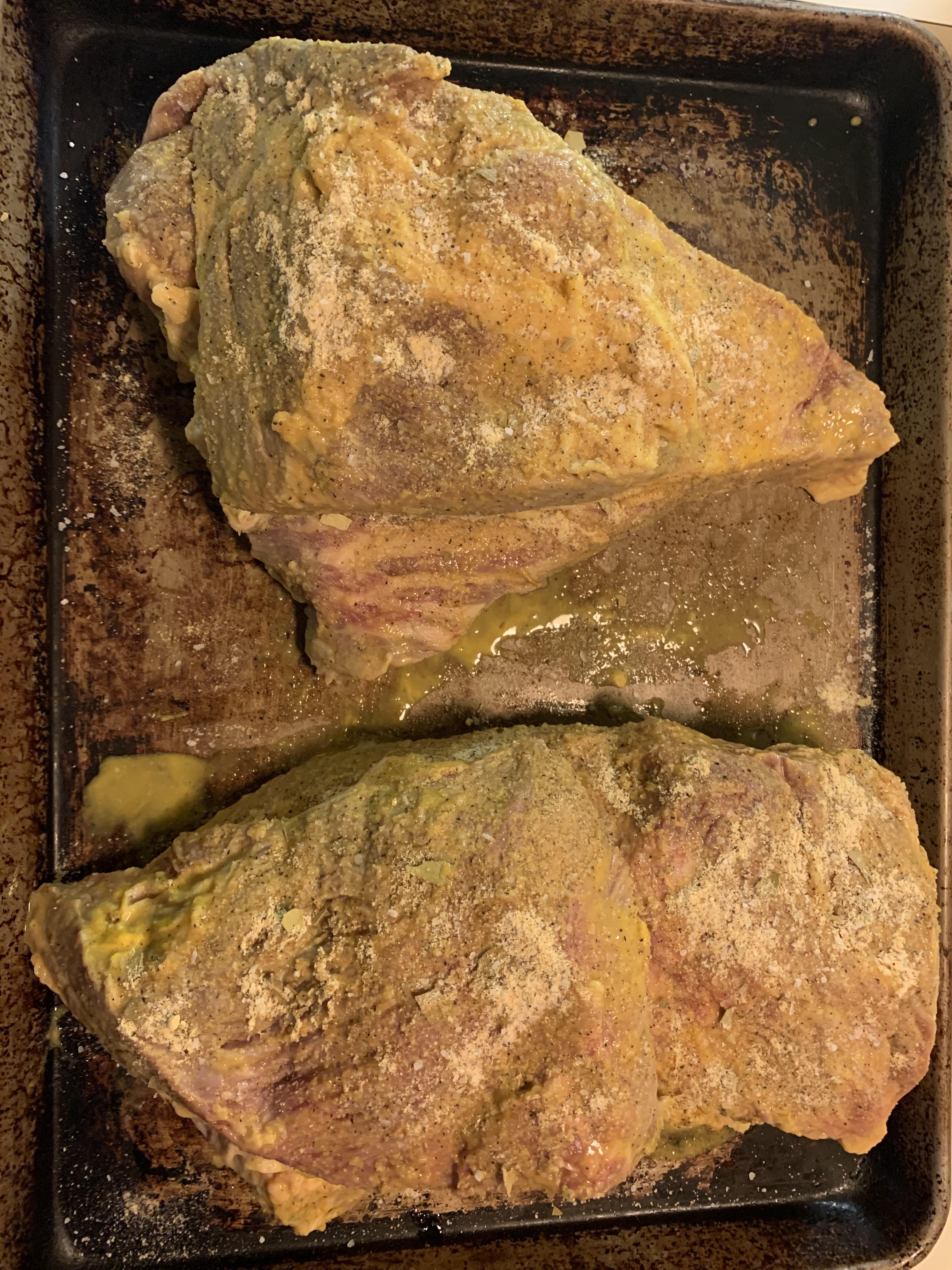 Brisket Apple vinegar and mustard binder with salt, pepper, bay leaf