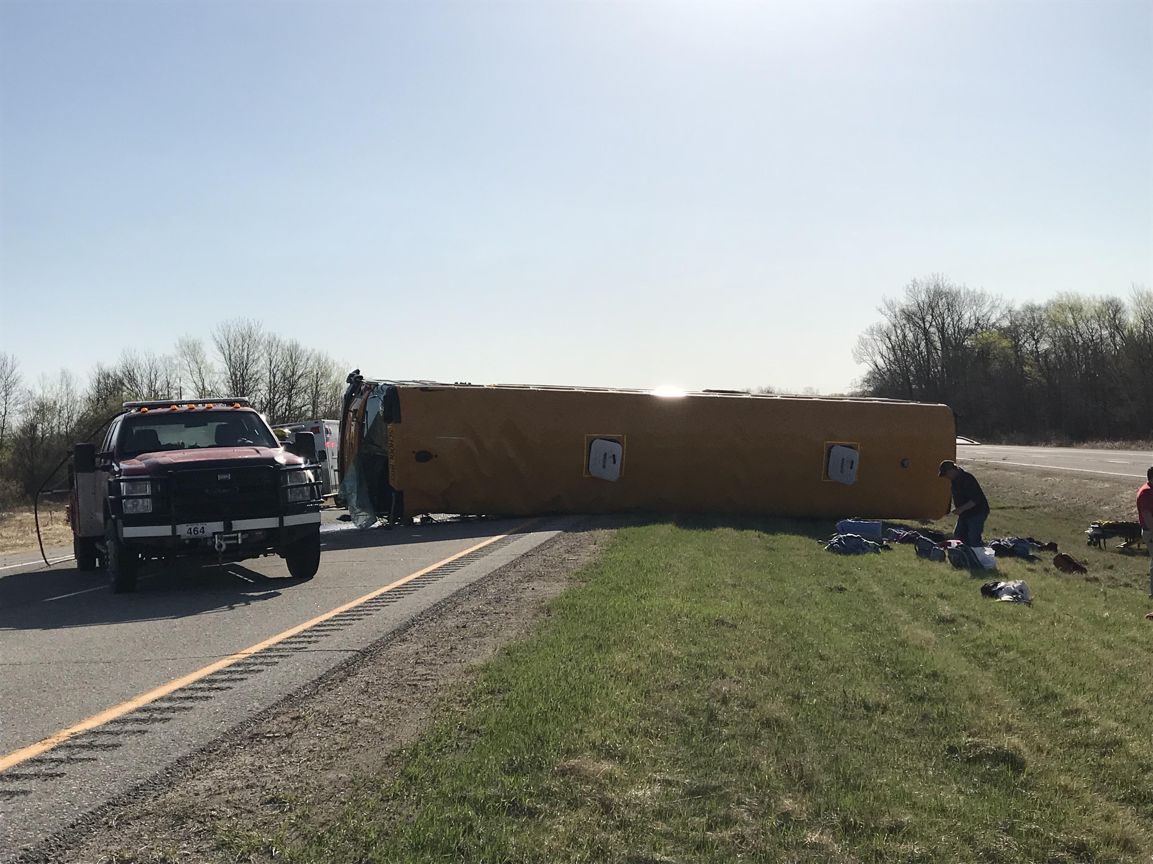 School bus crash west of Bagley. No fatalities. Was on bus during crash
