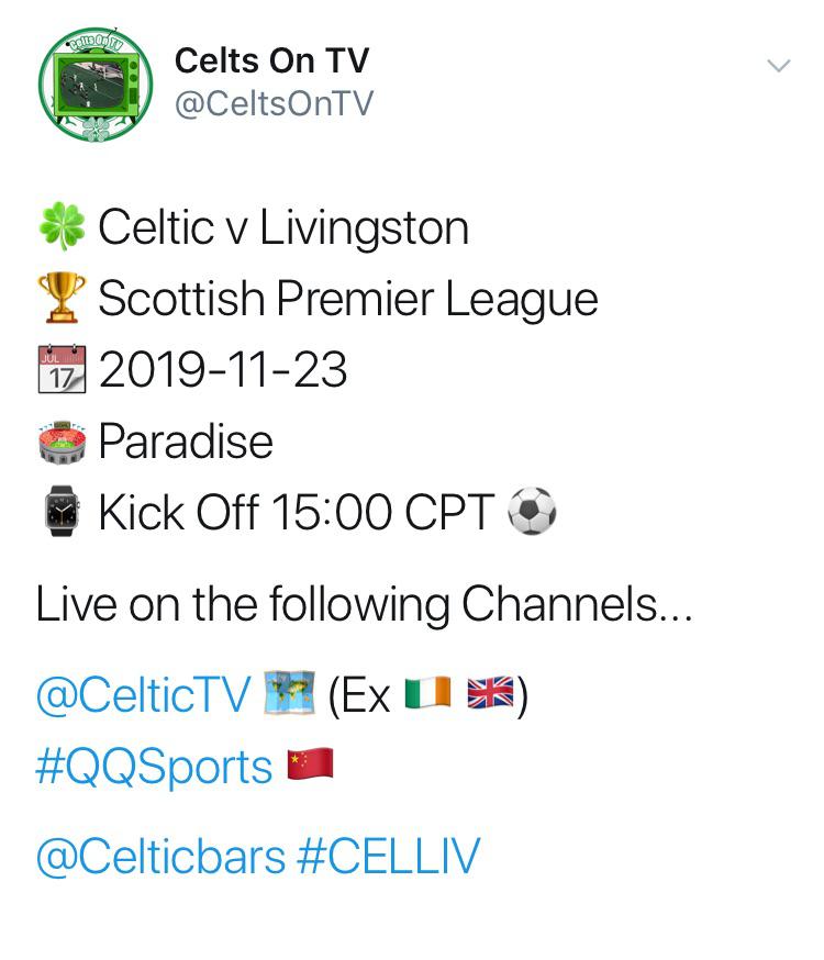 Celtic v Livingston Worldwide TV Channel List r/CelticFC