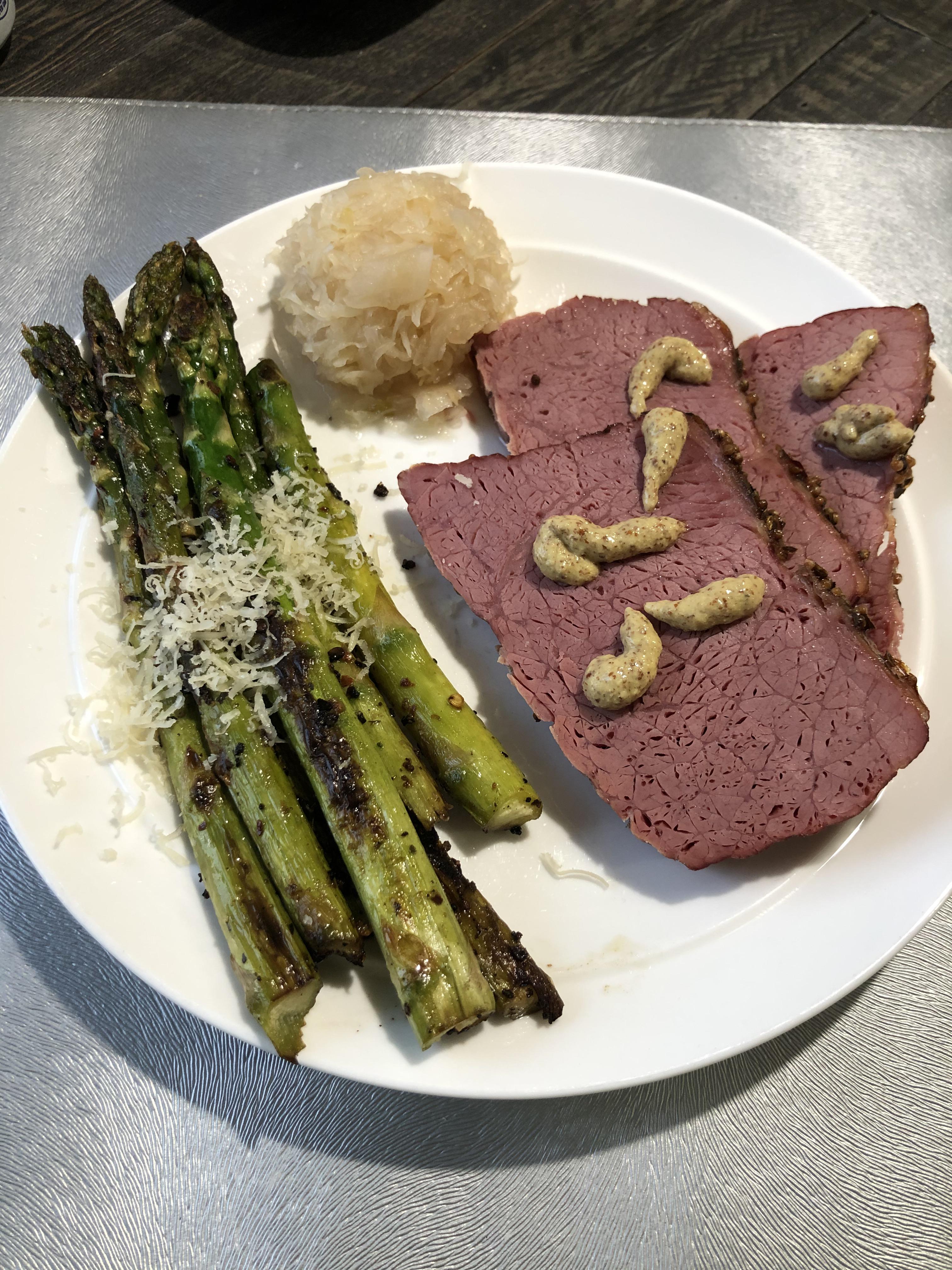 Corned beef, sauerkraut (subbed in for cabbage), and asparagus with Parmesan. Horseradish