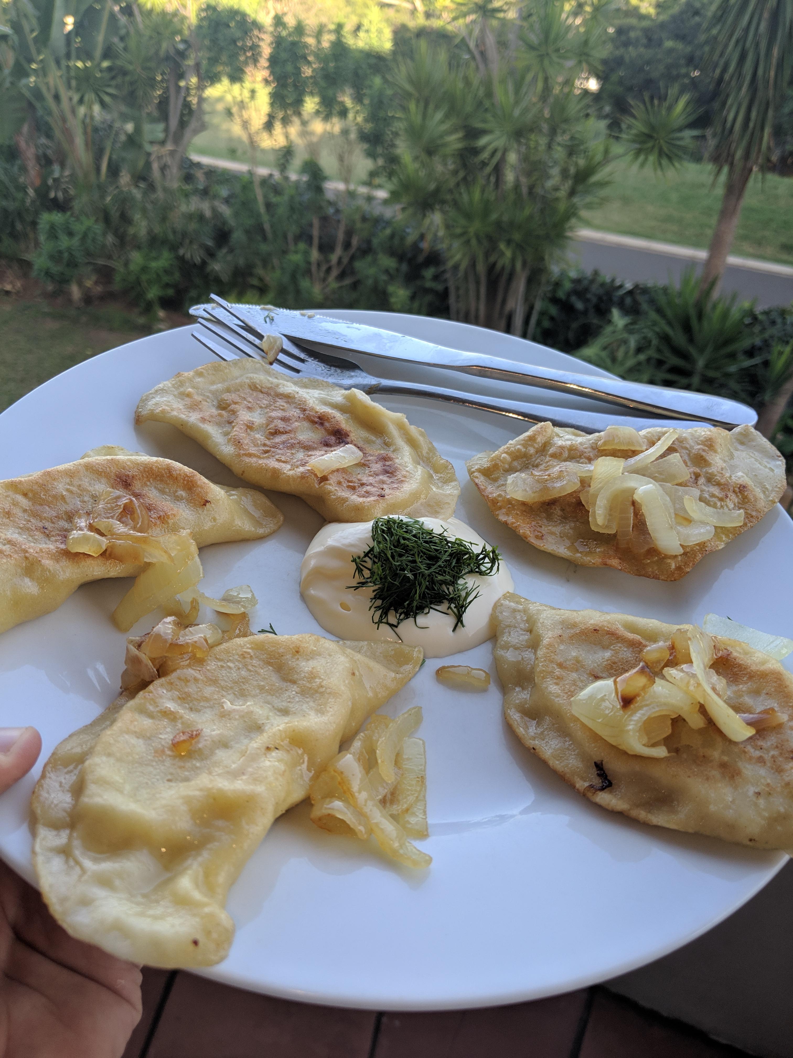 [Homemade] Pierogi Ruskie with dill'd sour cream r/food