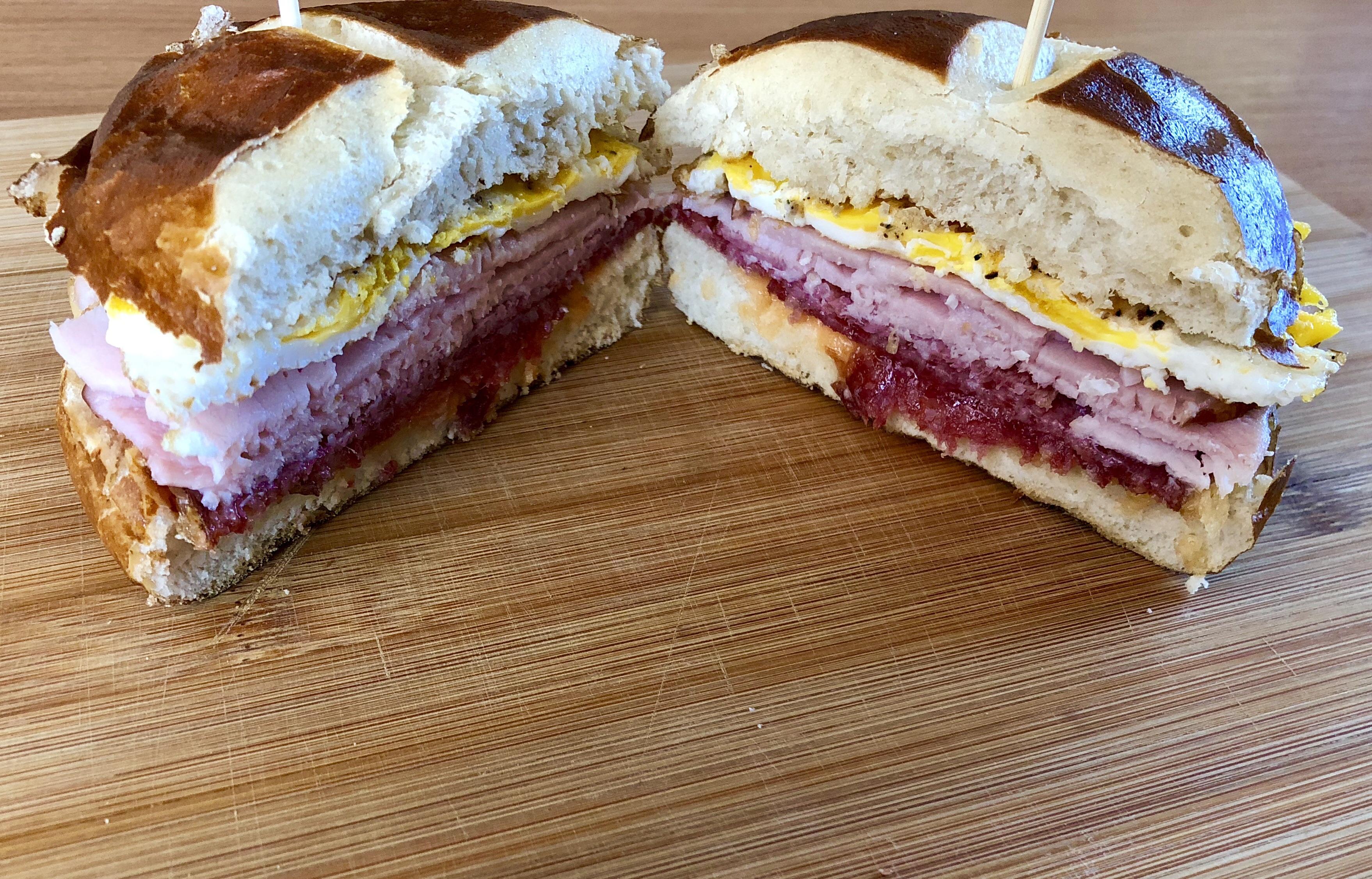 Garlic Salami, ham and fried egg bavarian roll r/eatsandwiches
