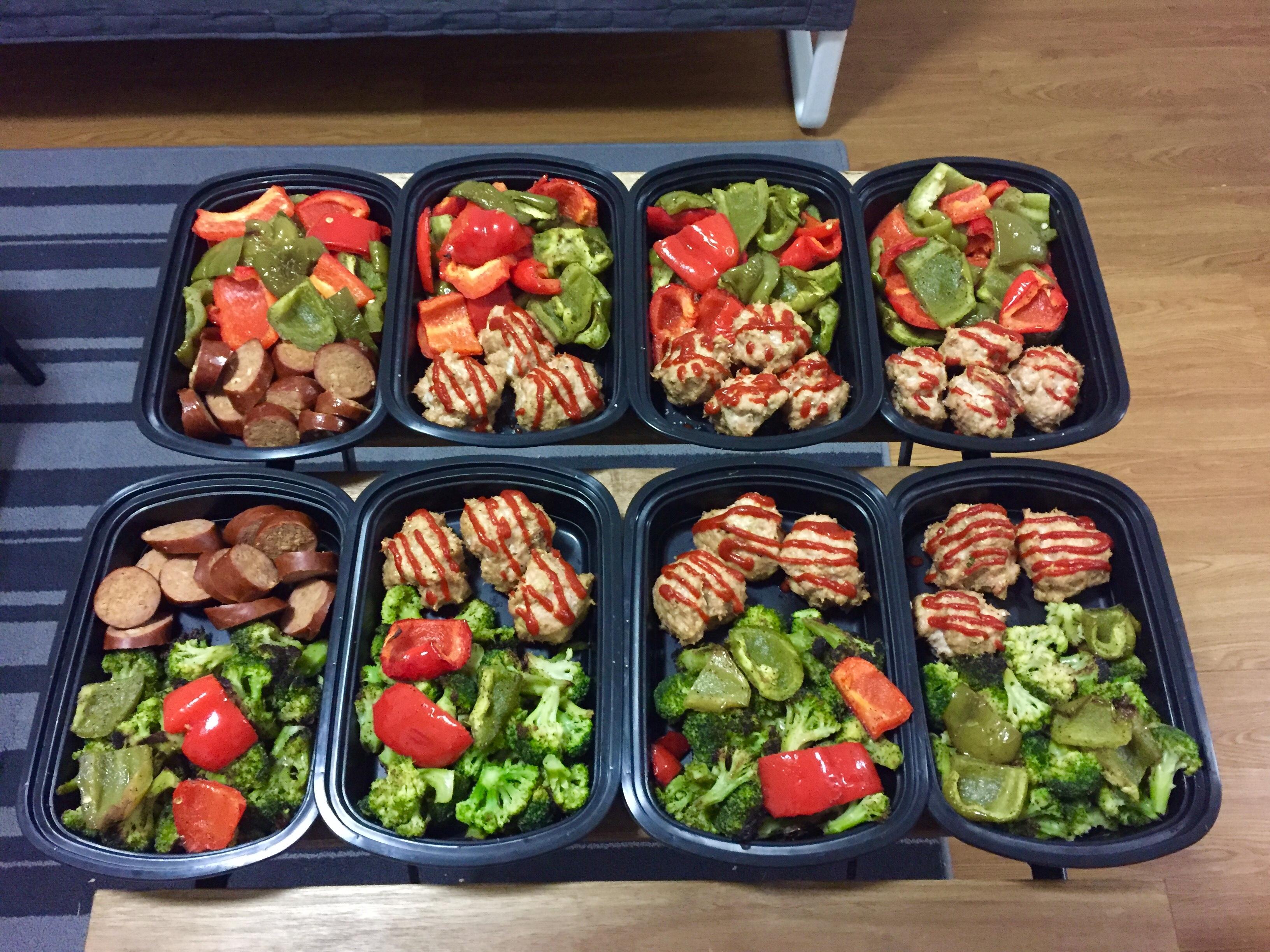 Meal prep, turkey meatballs and turkey sausage with roasted vegetables