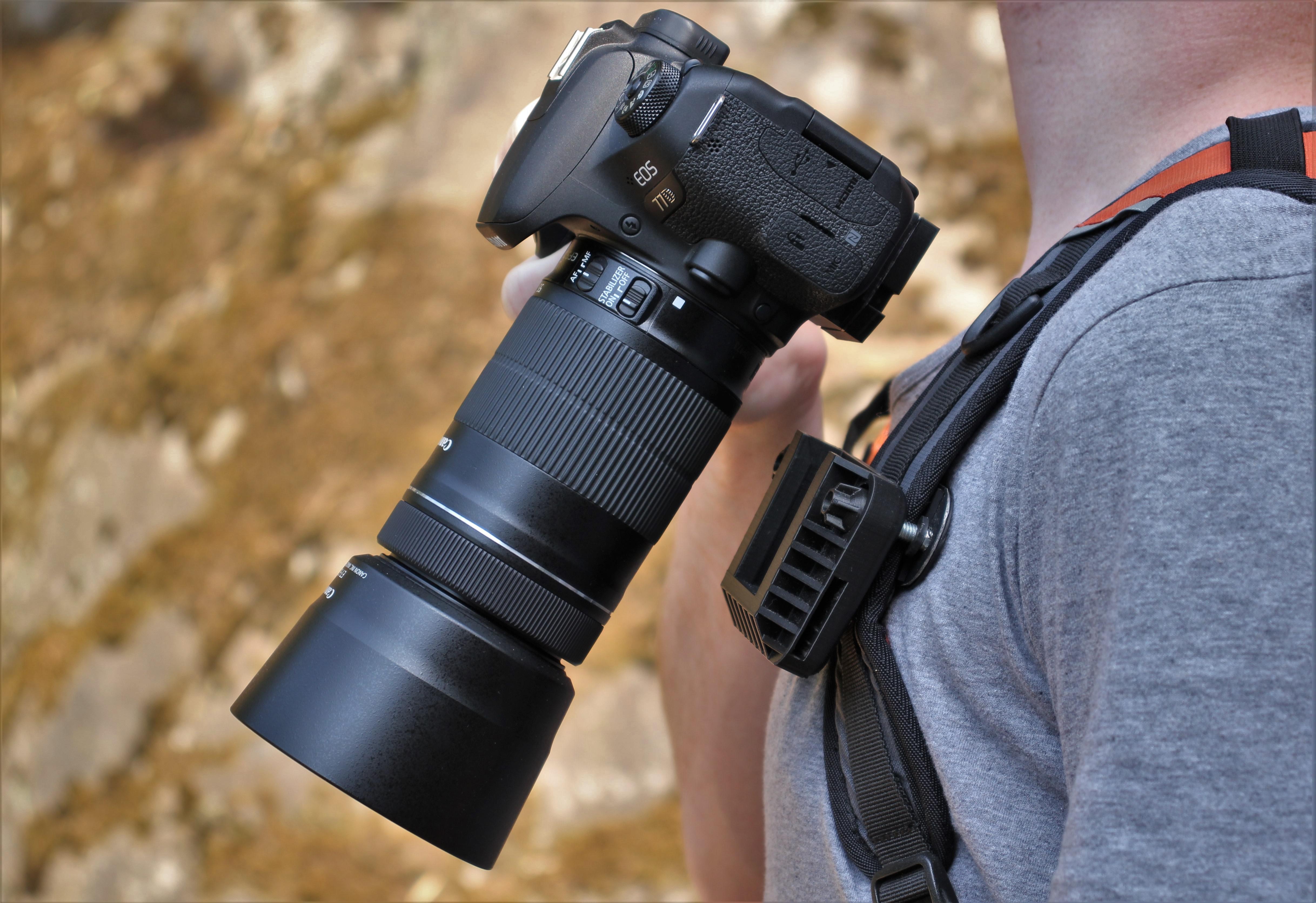 I made a camera mount for my hiking backpack! (3D files in comments