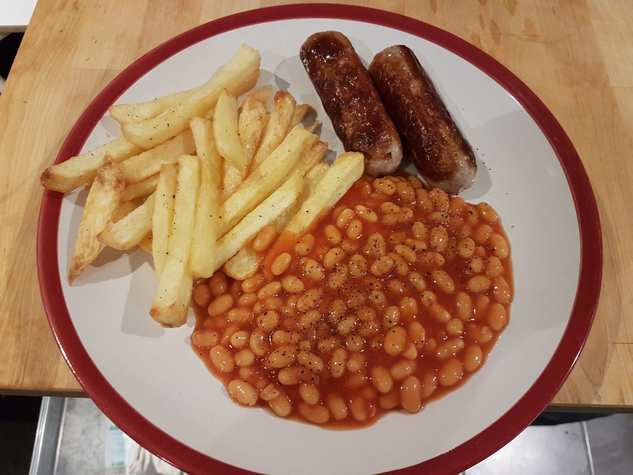 Sausage, beans, and (homemade) chips. r/UK_Food