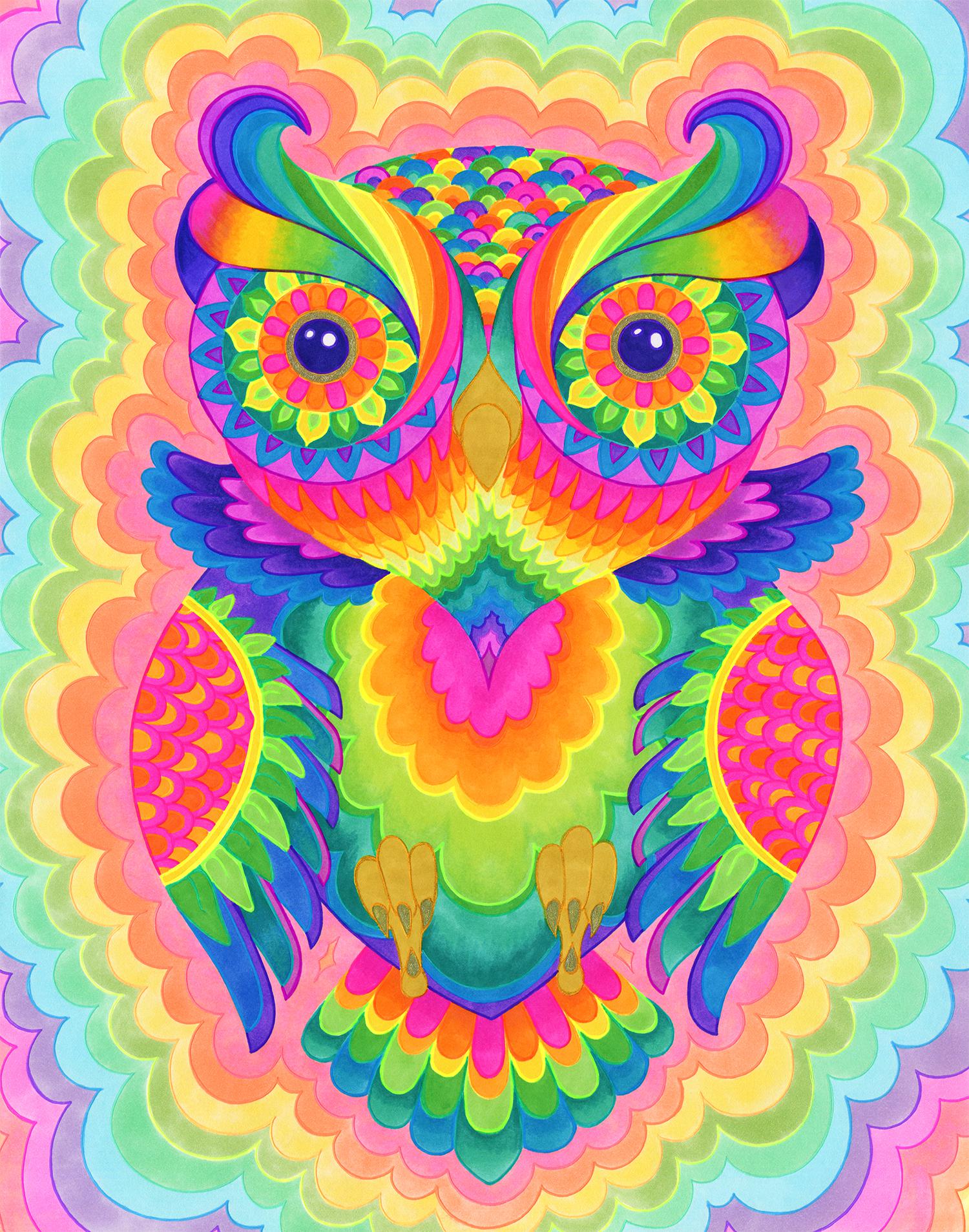 Artwork Cosmic Owl, Rachel Rosenkoetter, Marker and Gel Pen on Paper