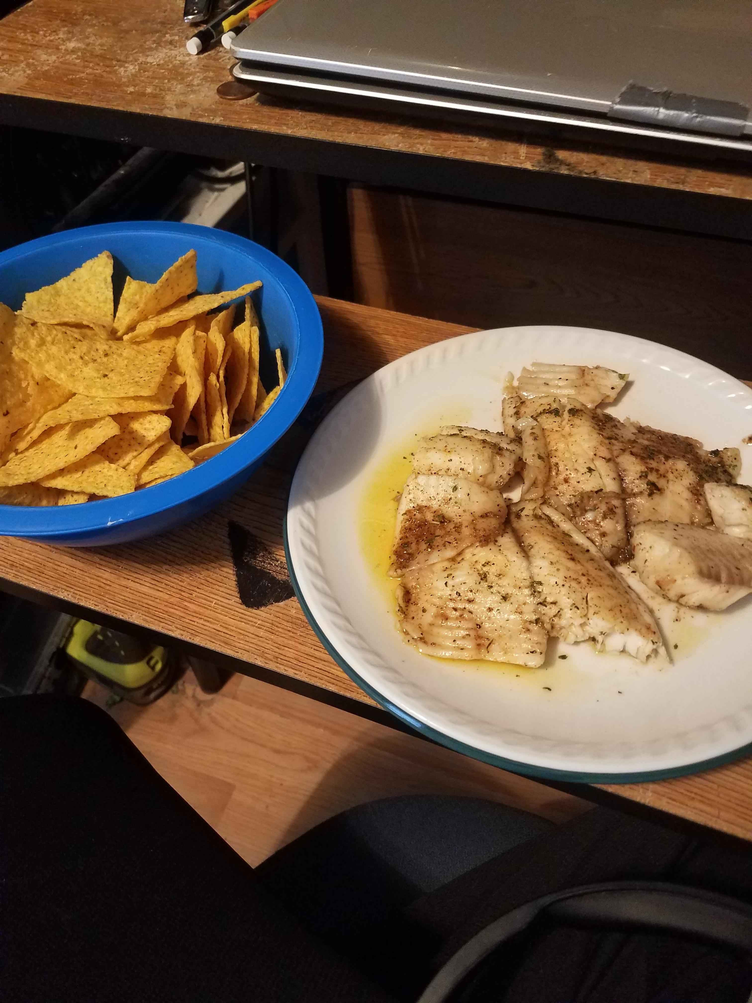 [Homemade] Tilapia and chips. r/food