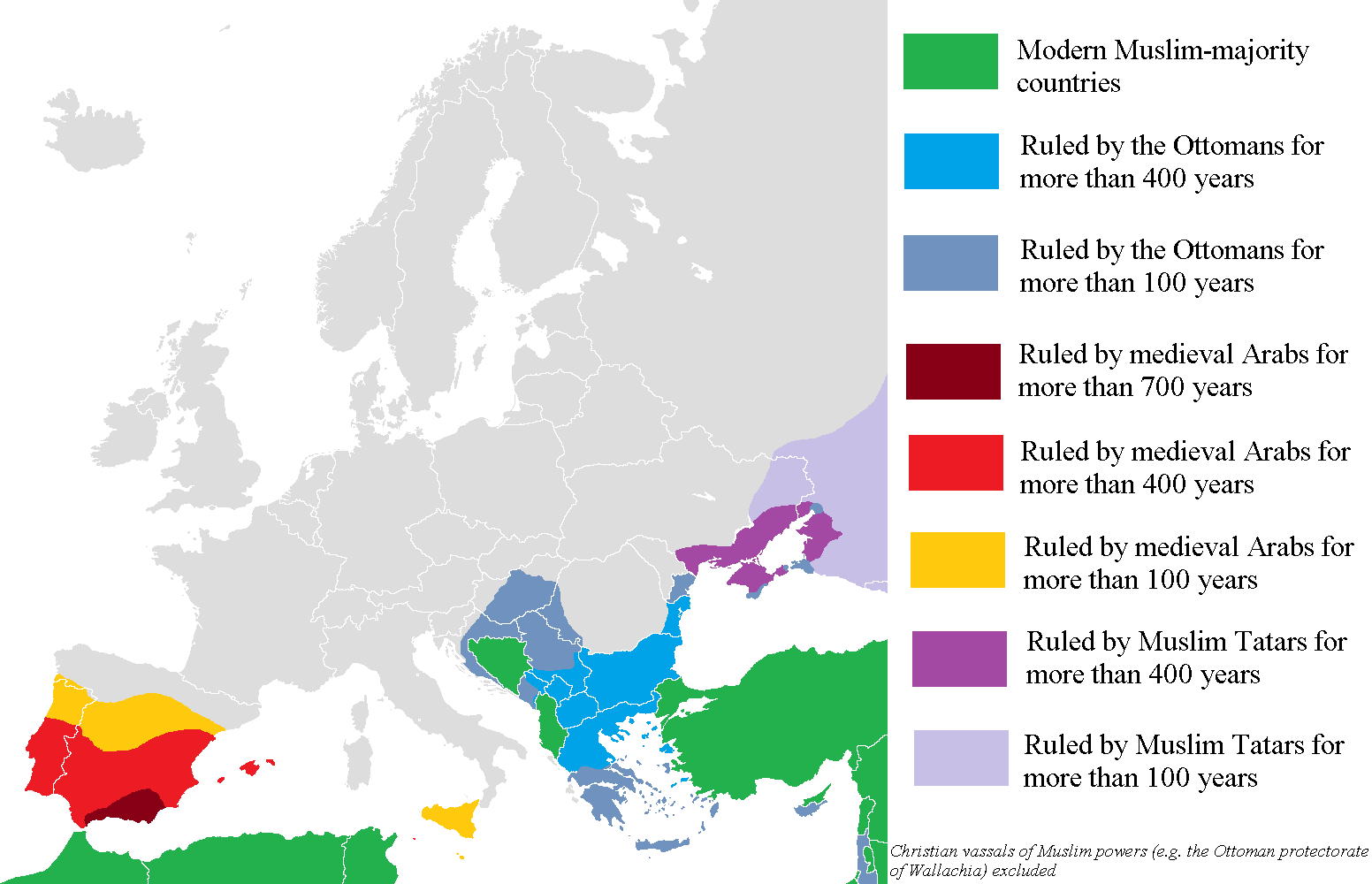 [OC] Parts of Europe that Muslim states have ruled for more than one