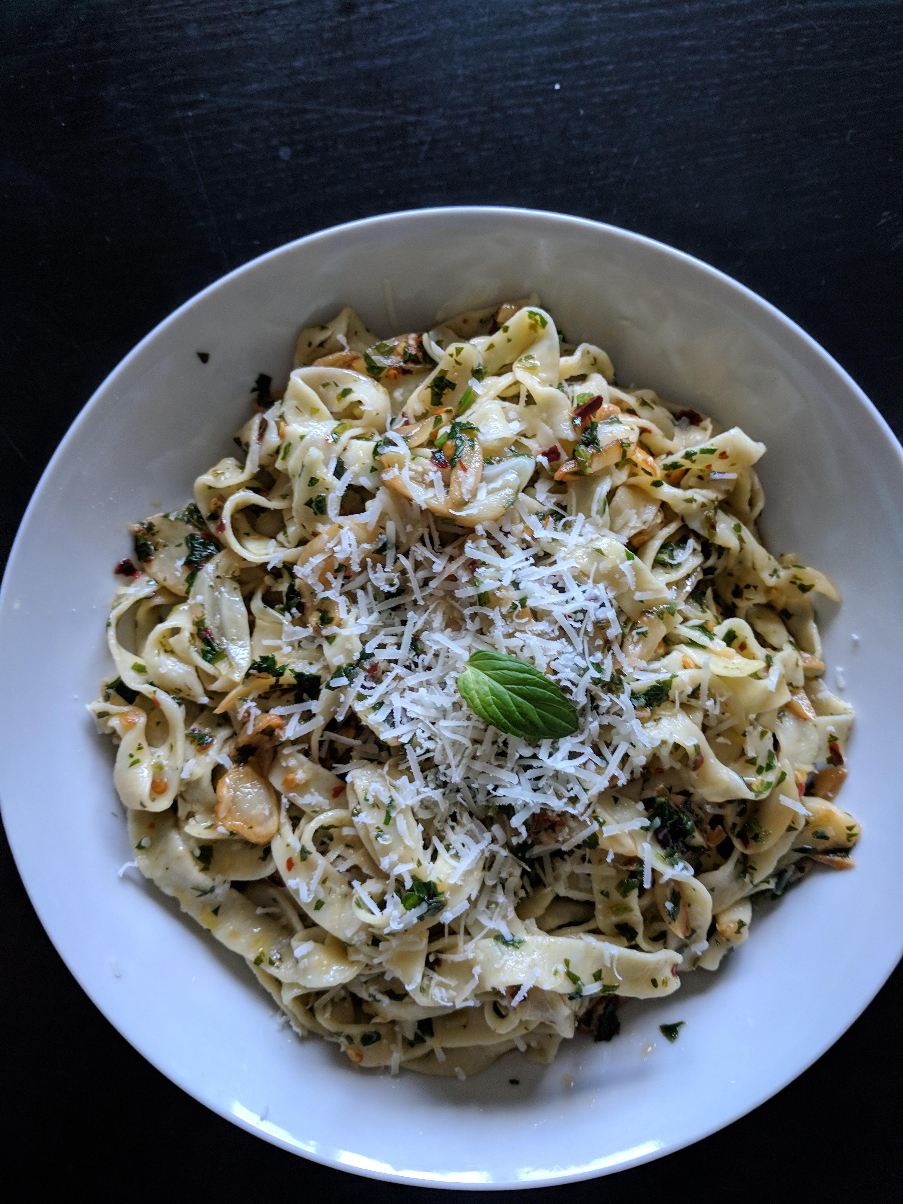 Pasta Aglio e Olio and my first time making fresh pasta! Clean plate