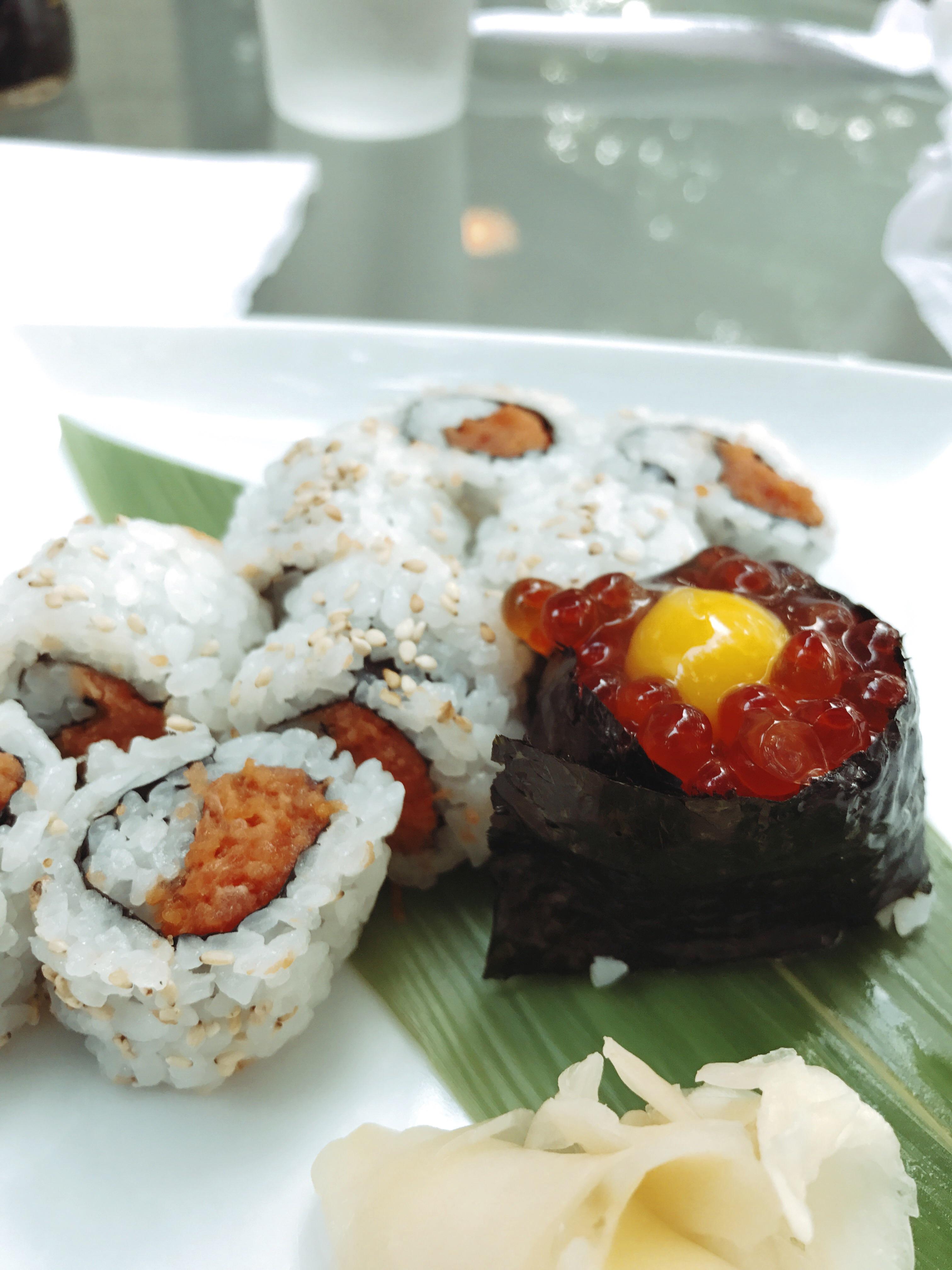 Salmon roe with quail egg. Spicy tuna roll Sushi Go Greenville SC r