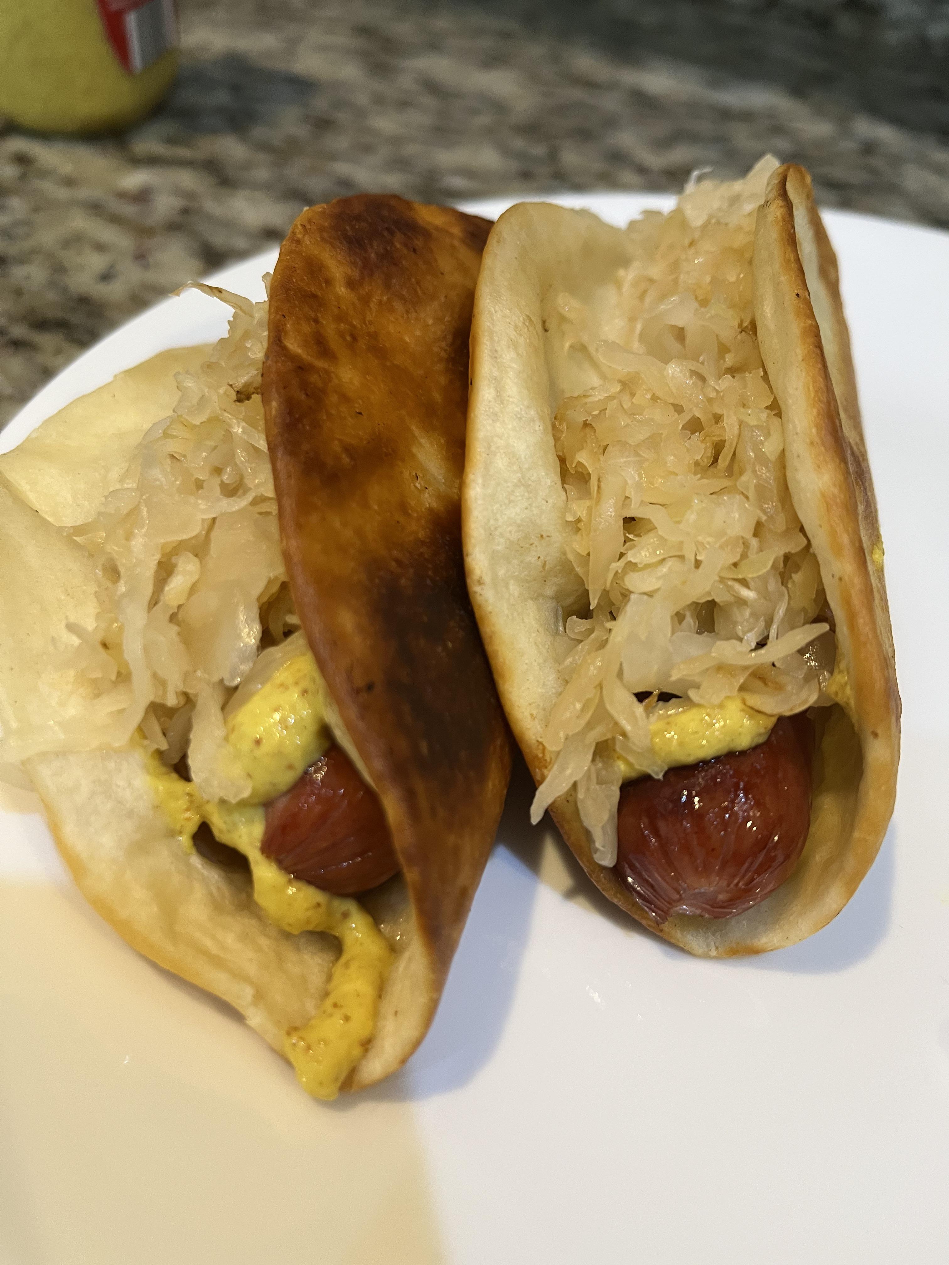 Tortilla Dogs with mustard and sauerkraut r/hot_dog