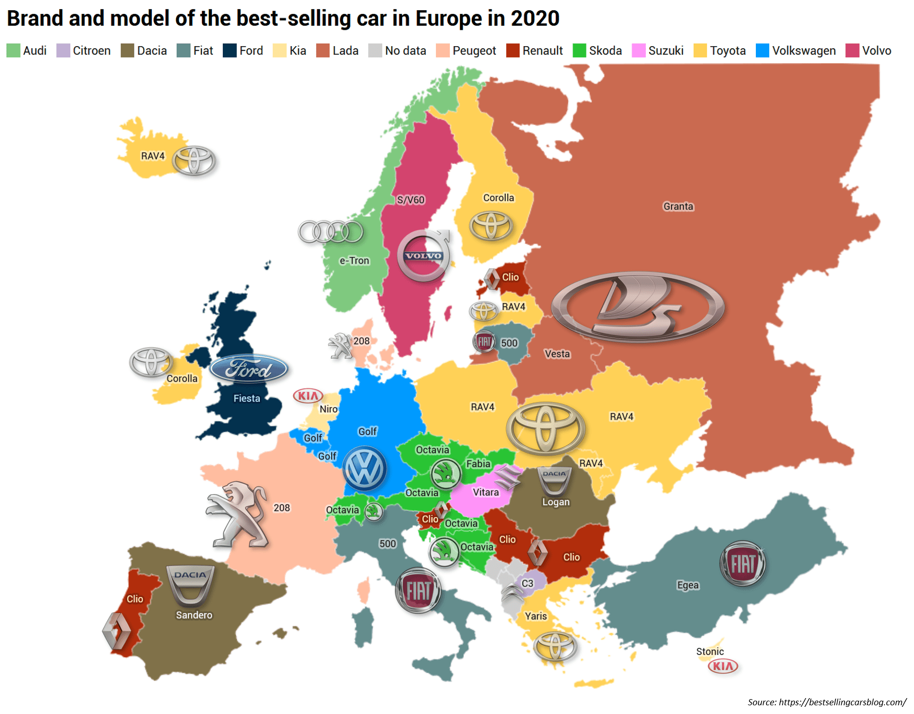 Brand and model of the bestselling car in 2020 for each country in