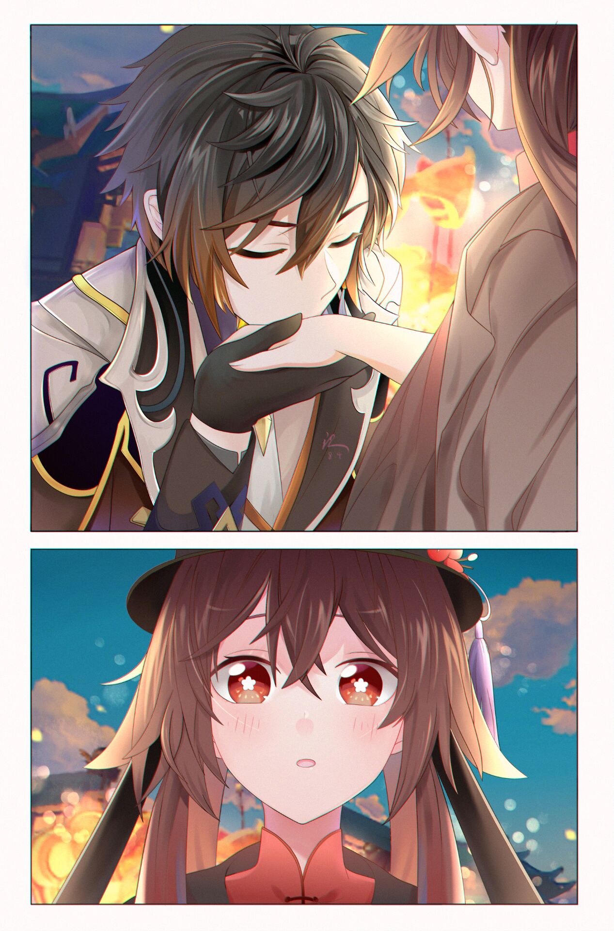 Zhongli kissing hand of Hu Tao. Happy Tanabata / Qixi everyone!