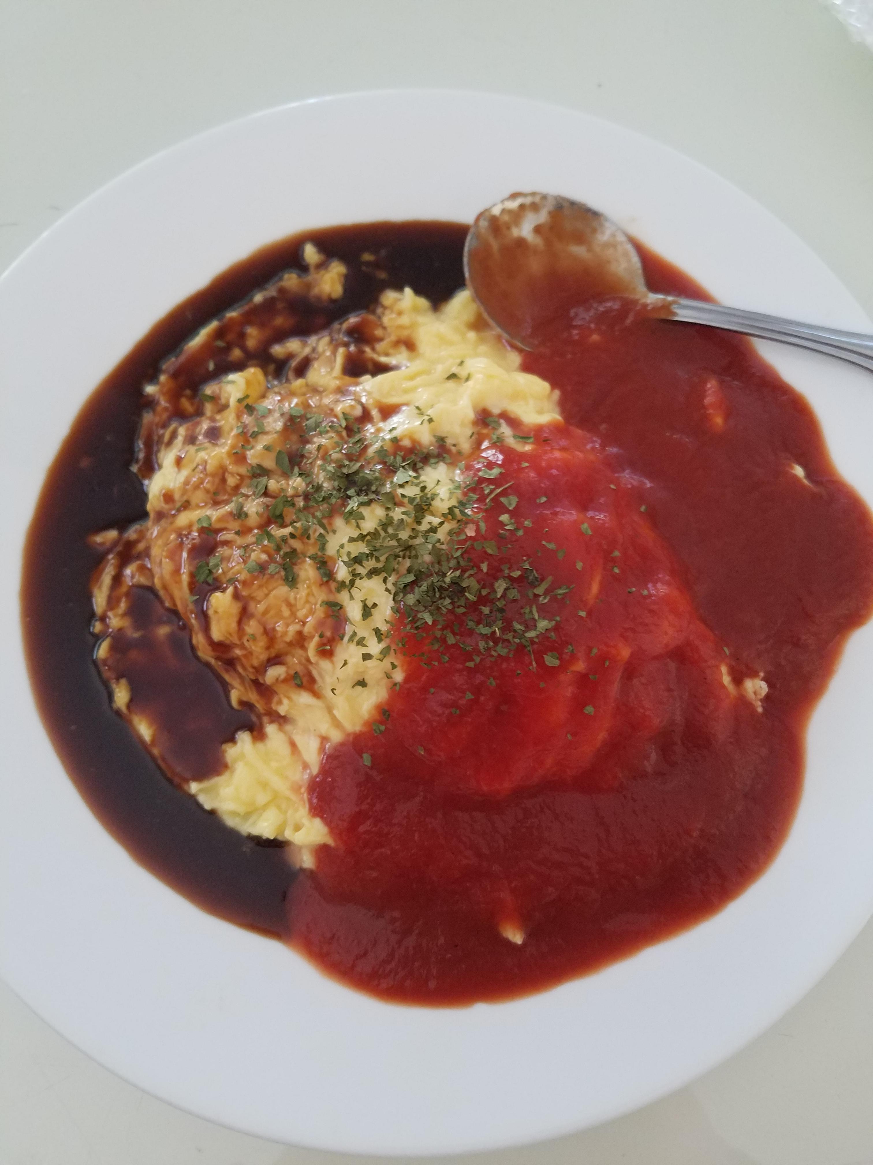 [Homemade] Omurice with tomato sauce and Demi glace r/food