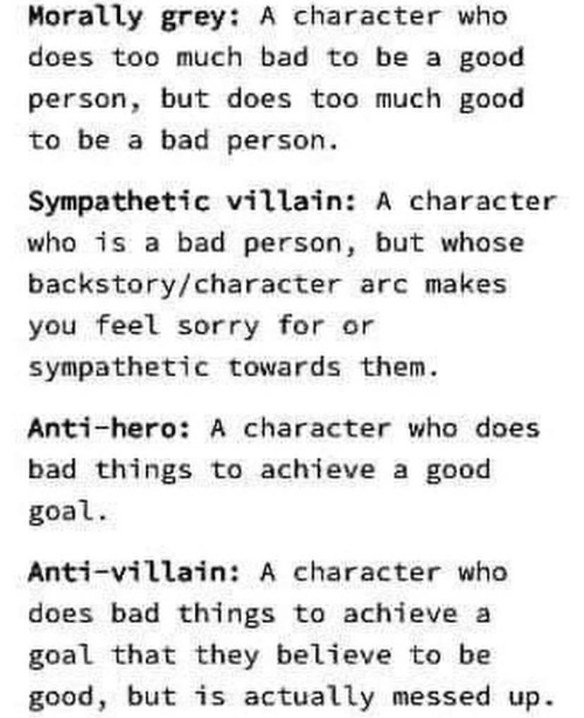 I love morally Grey characters. r/NewAuthor