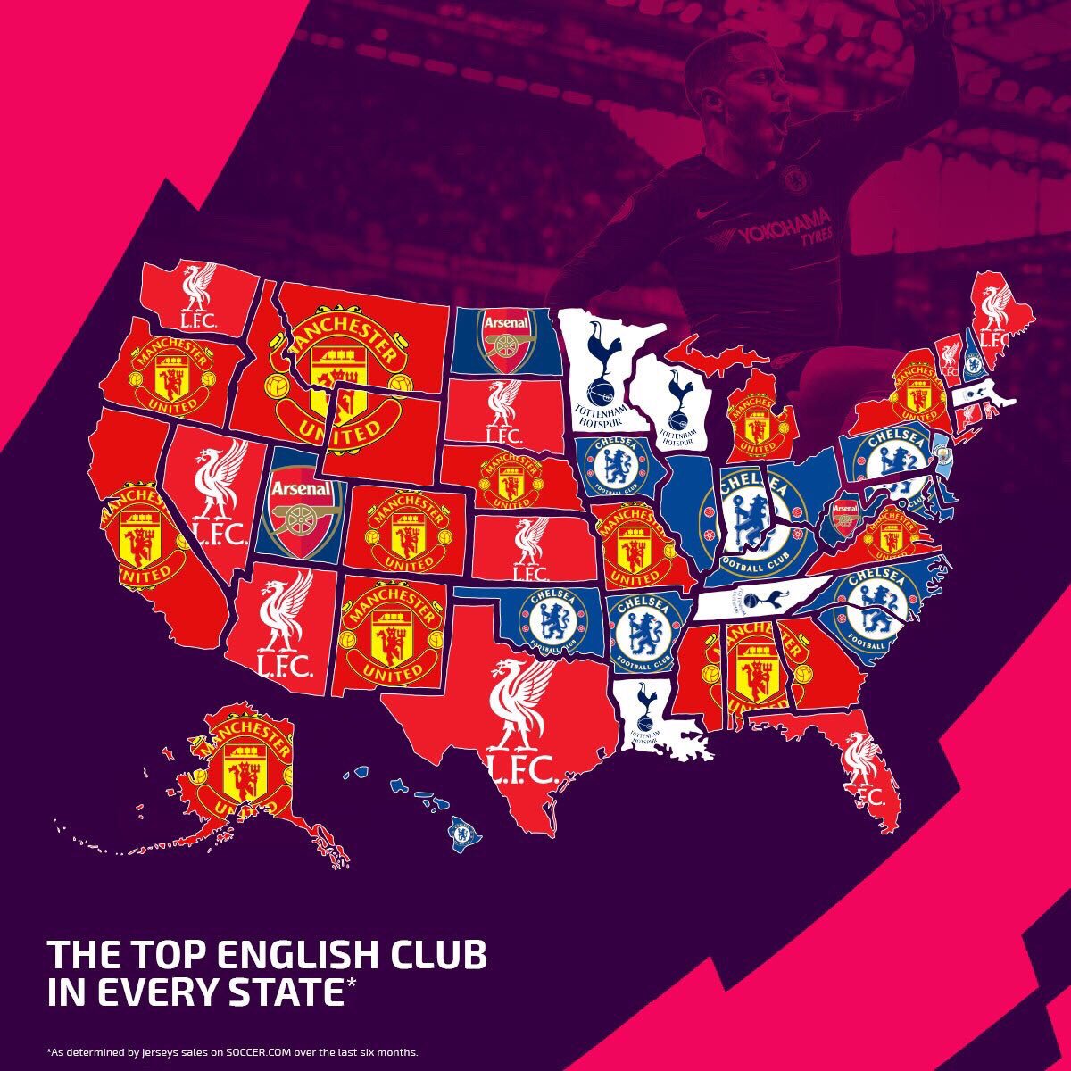 Most popular Premier League jerseys in each US State r