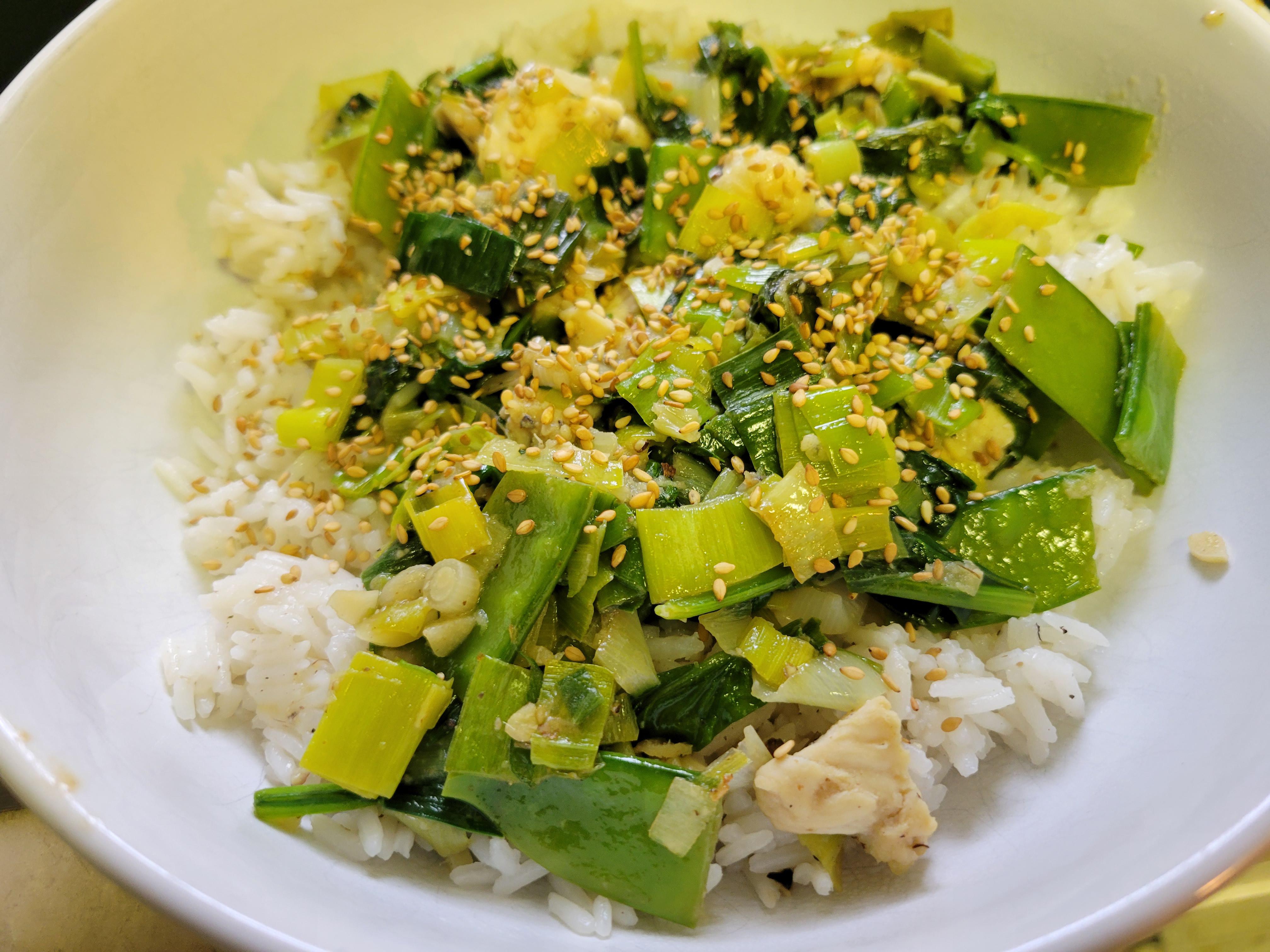 Miso Glazed Chicken Stirfry with Leeks, Snow peas, spinach and Jasmine