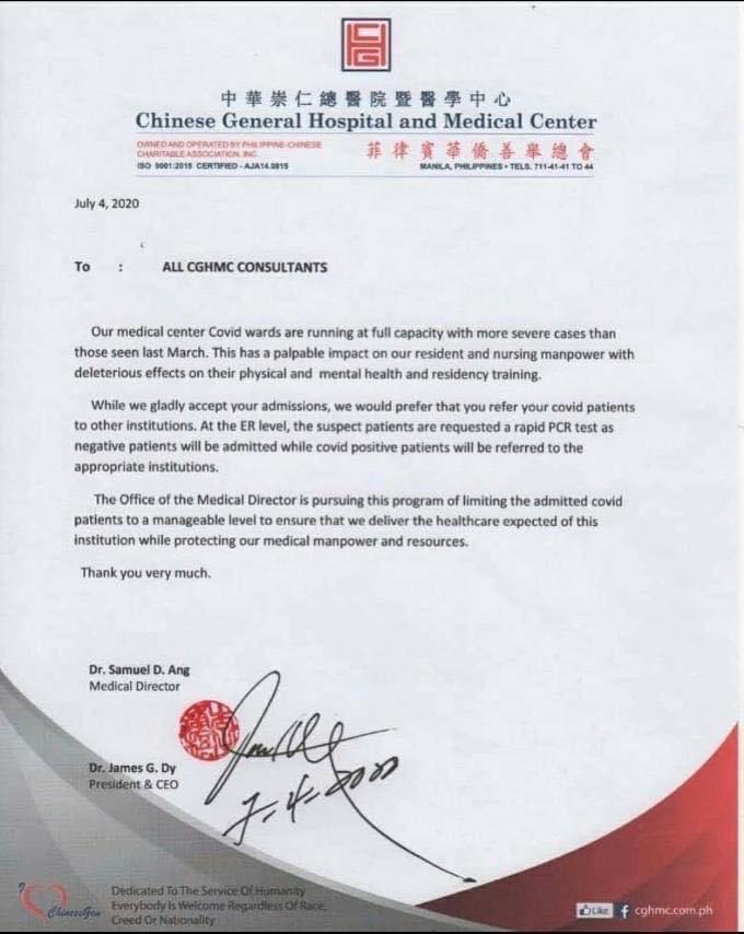 Statement by Chinese General Hospital COVID wards at full capacity r/Philippines