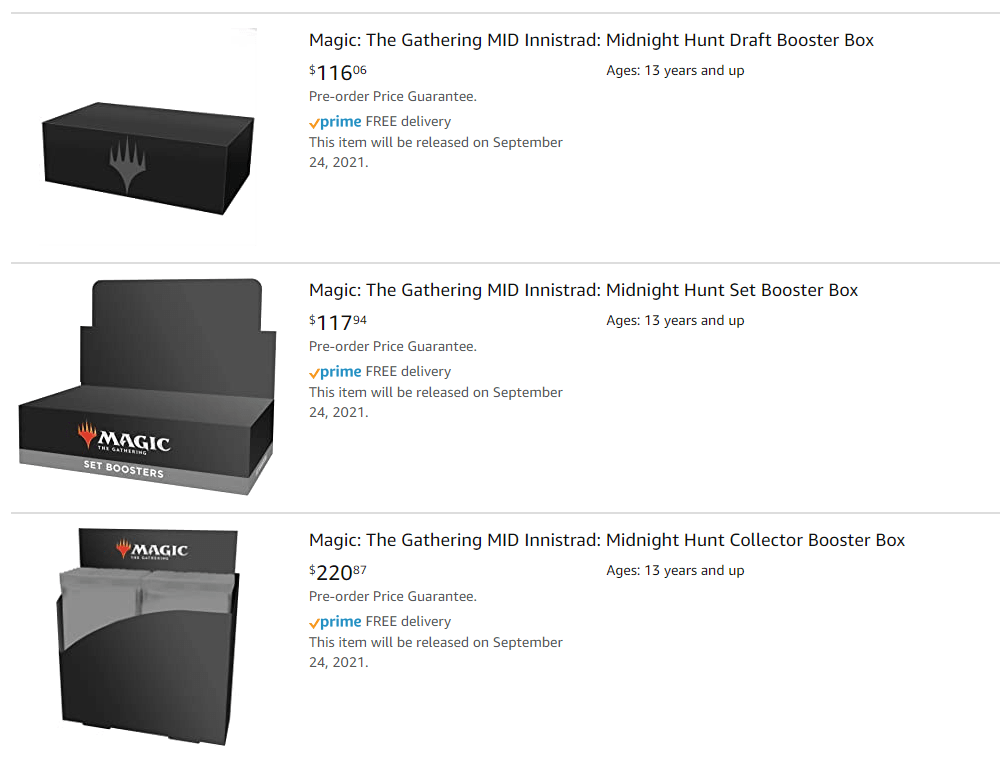 Midnight Hunt Draft, SET and Collector Boosters are up on Amanzon r