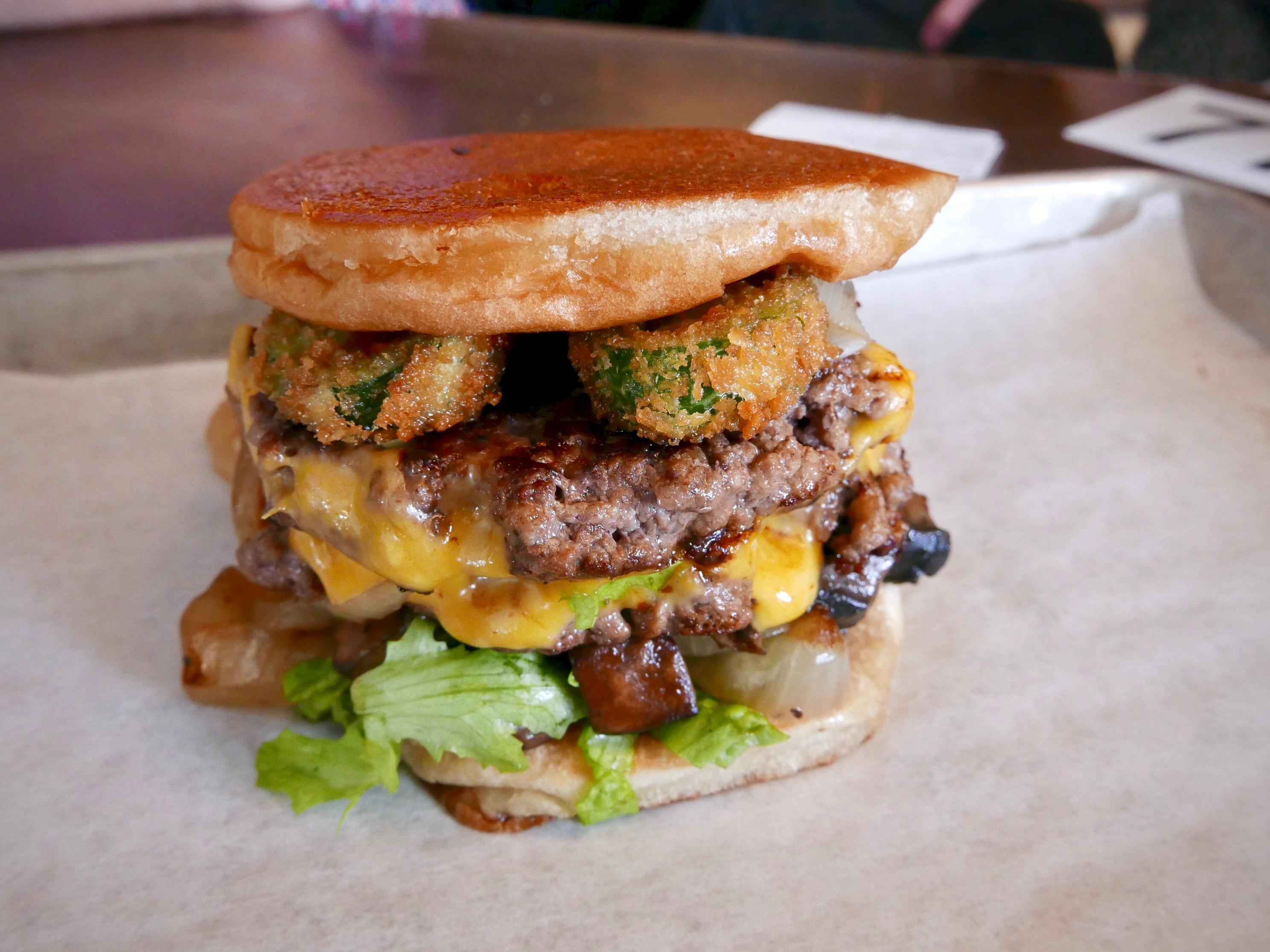 Double Cheeseburger topped with Fried Jalapeños and Mushrooms r/burgers
