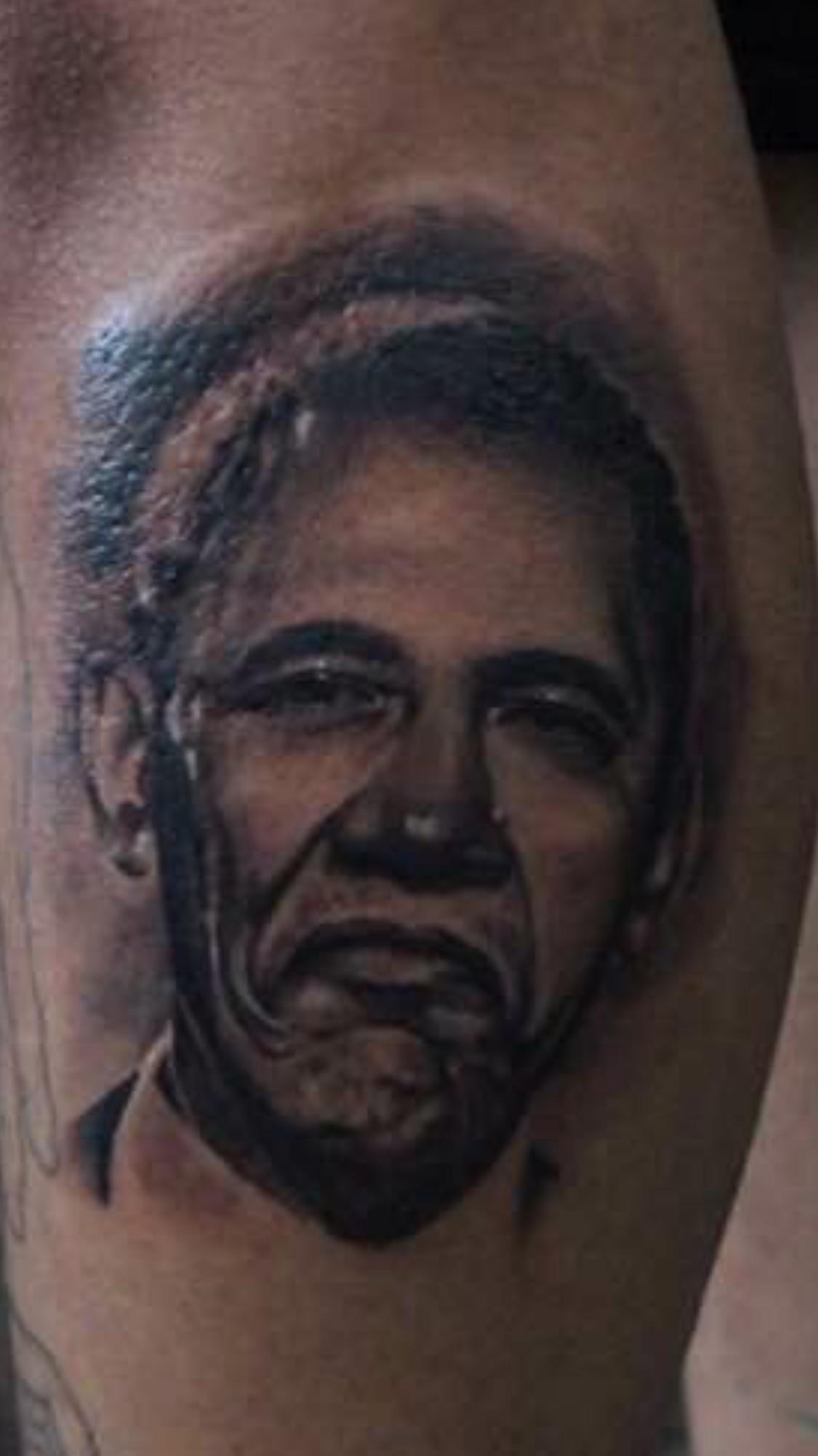 Barack Obama portrait tattoo, done in black and grey style