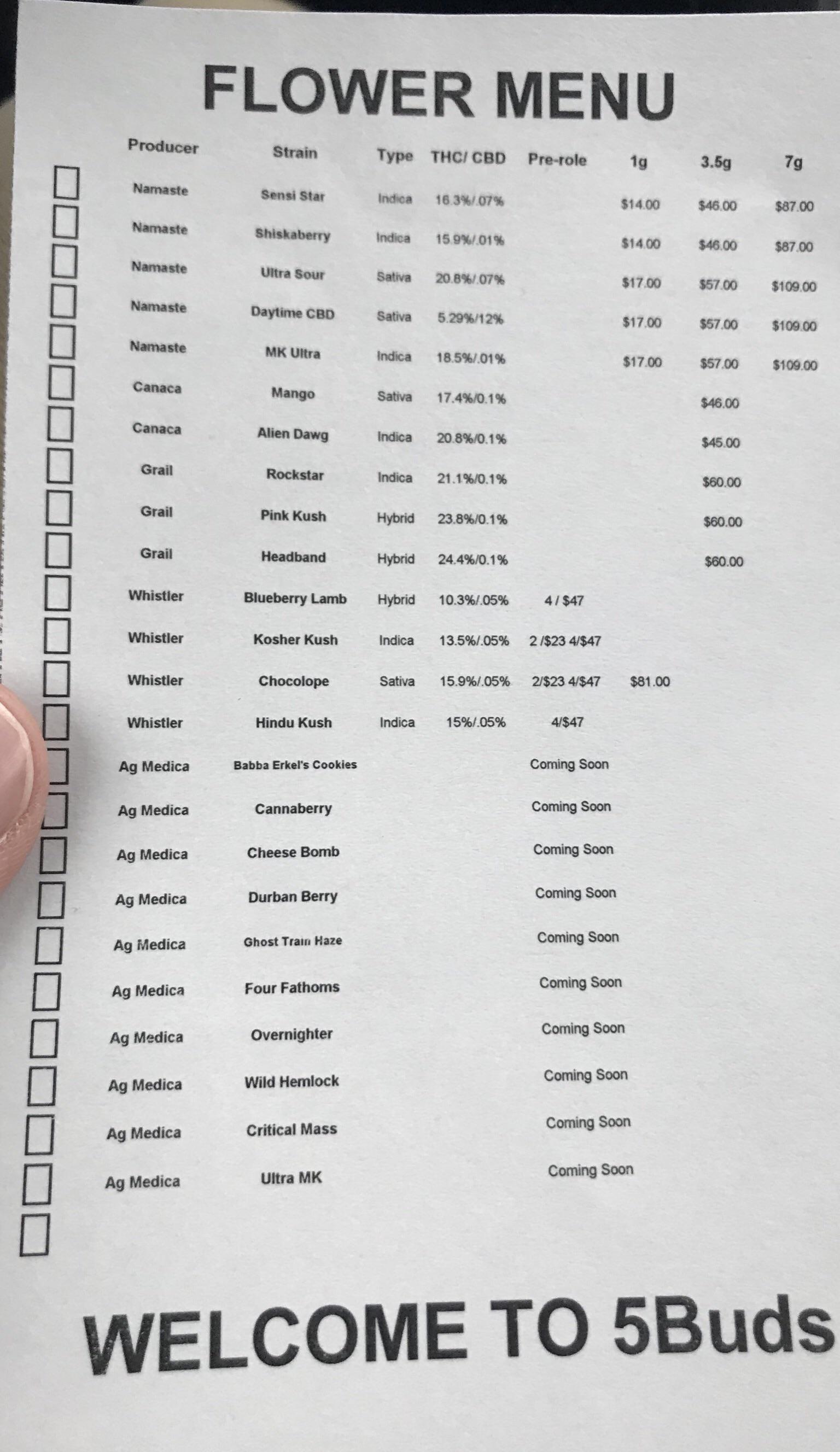 5 buds menu Warman r/saskatoon