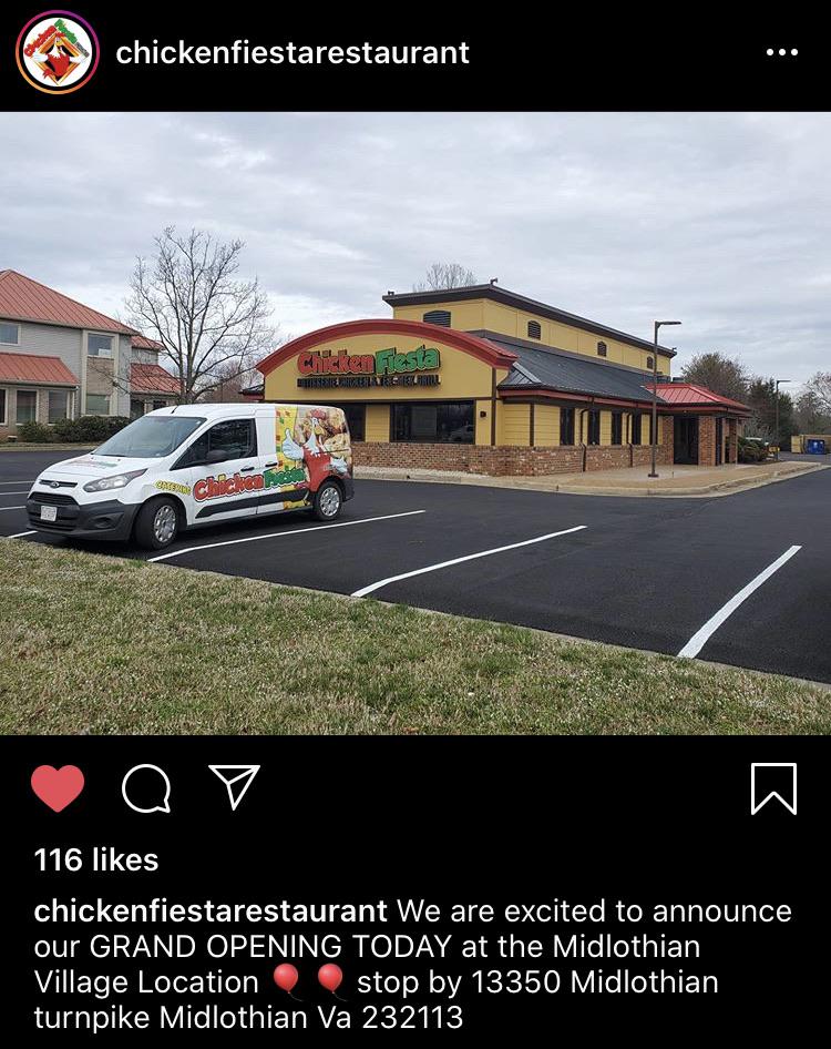 Chicken Fiesta 13350 Midlothian Tpke Midlothian, VA 23113. Was my old
