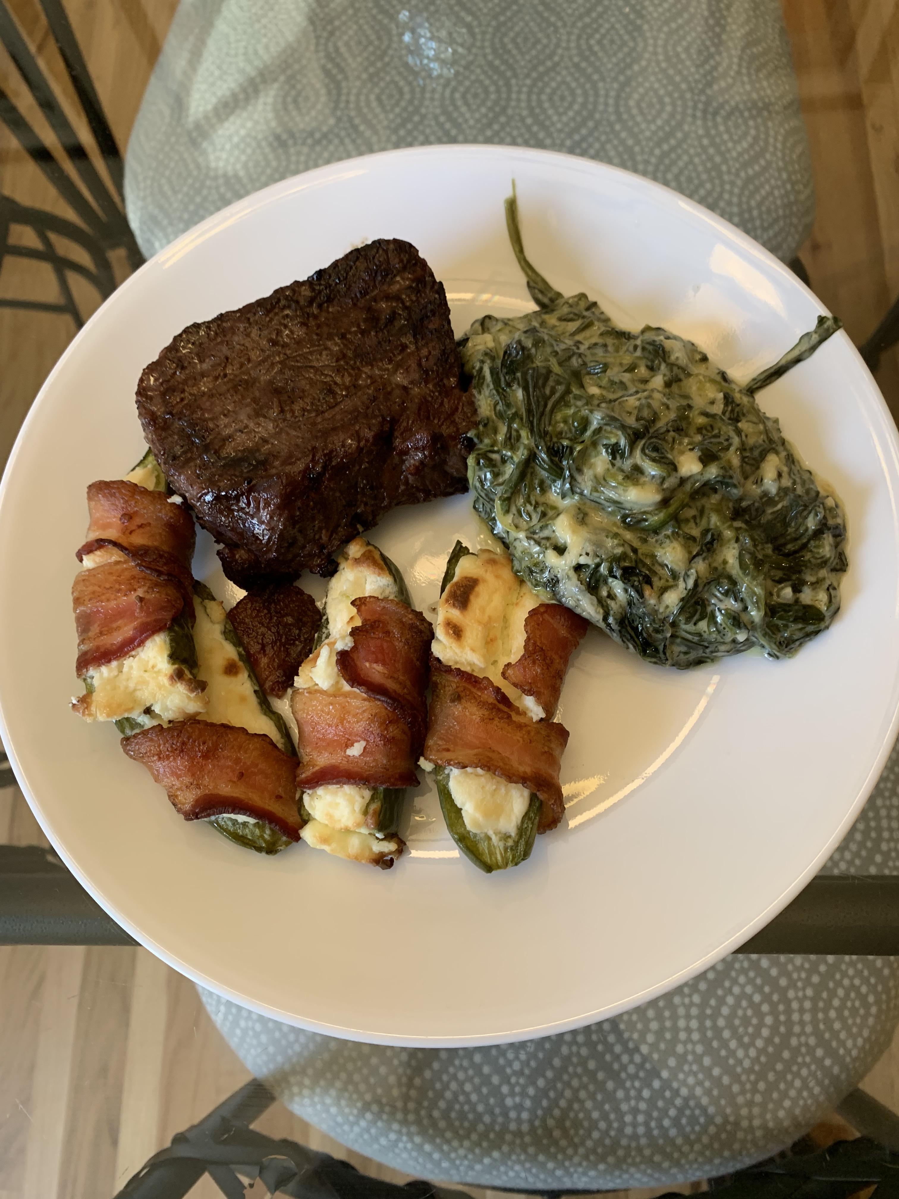 Just started keto a few days ago. Steak, creamed spinach, and bacon