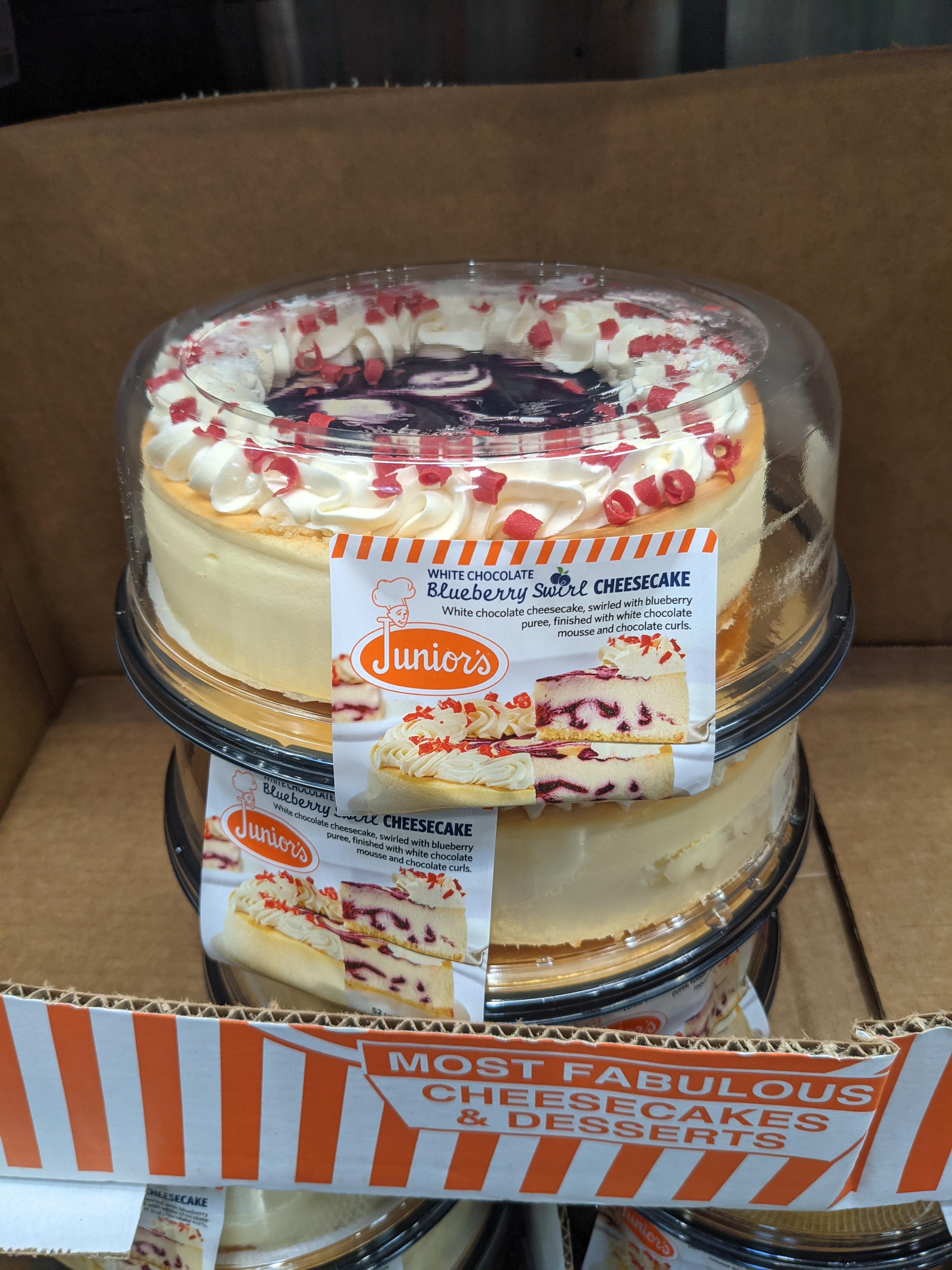 Spotted in MD. Junior's White Chocolate Blueberry Swirl Cheesecake 16.49. Item 1562682 r