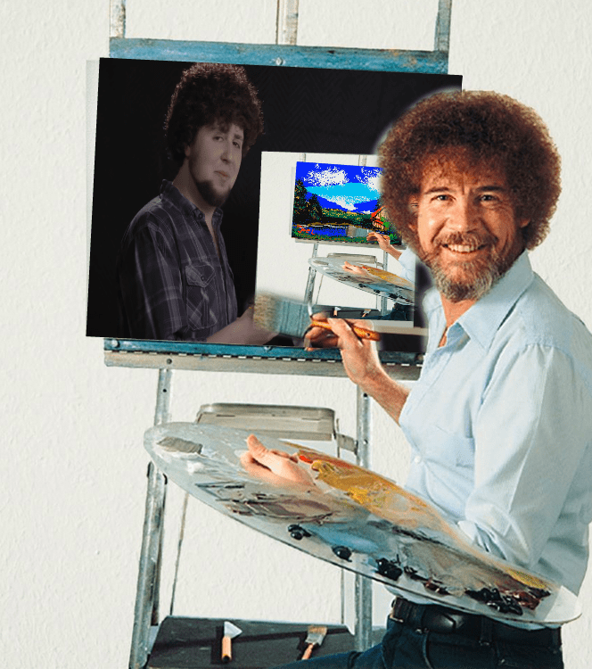 Bob Ross if he was painting Jon Ross painting Bob Ross painting one of