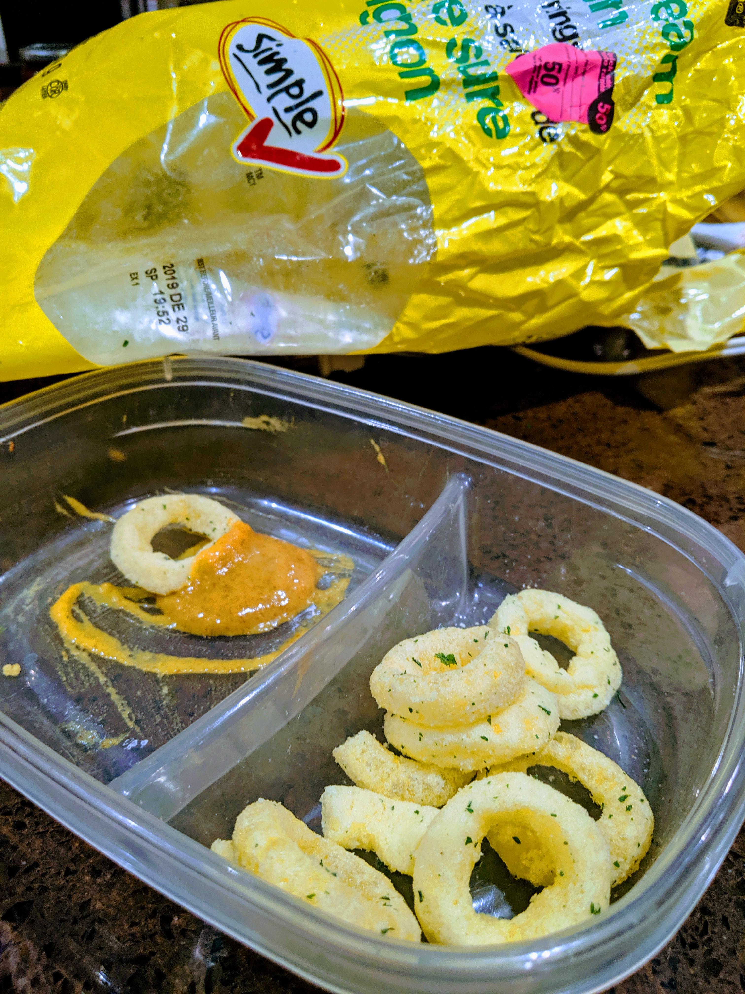 Slightly expired No Name fake Funyuns and honey mustard. Perfect