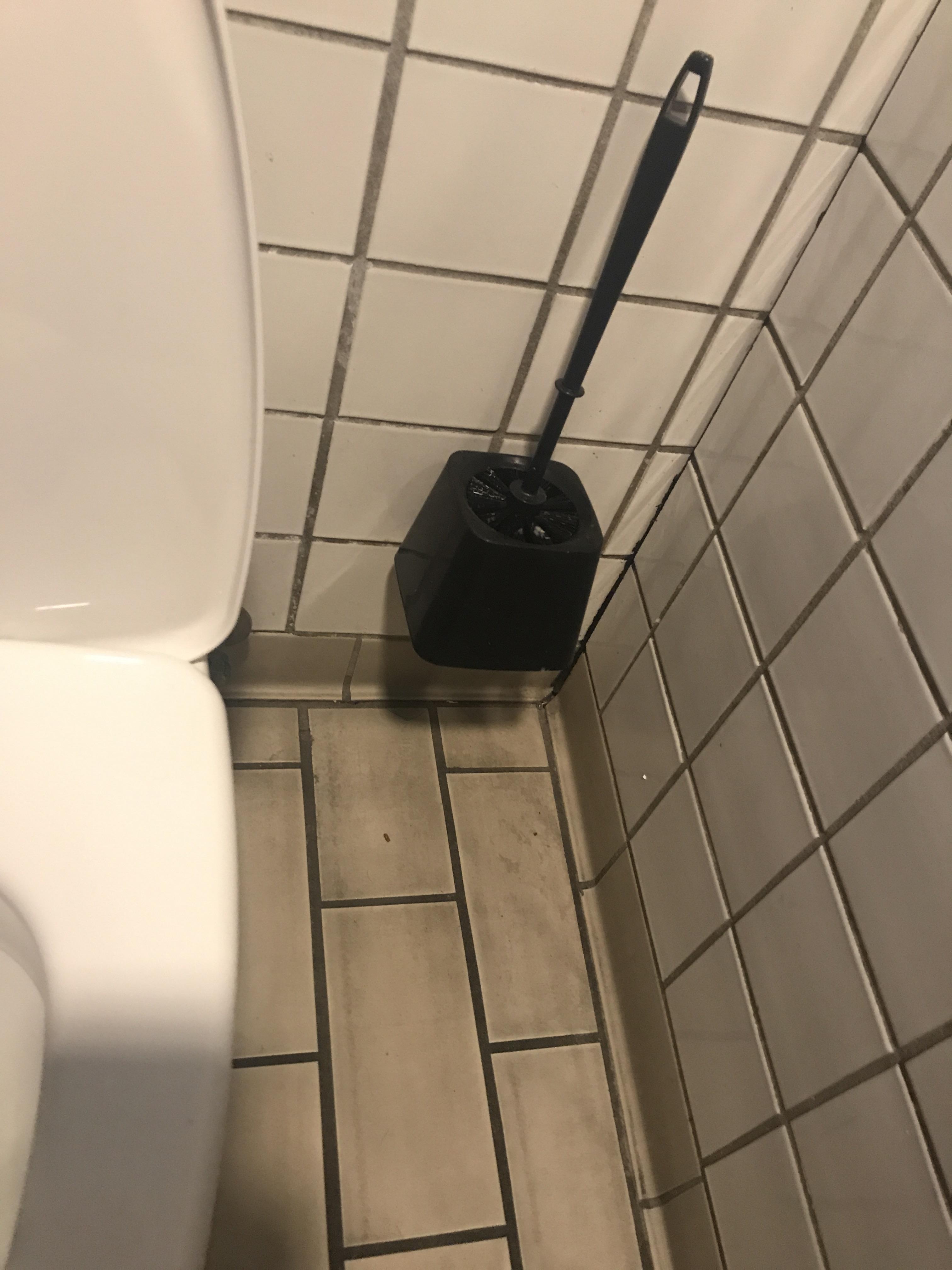 toilet brush stuck to the wall in public bathroom in Denmark r