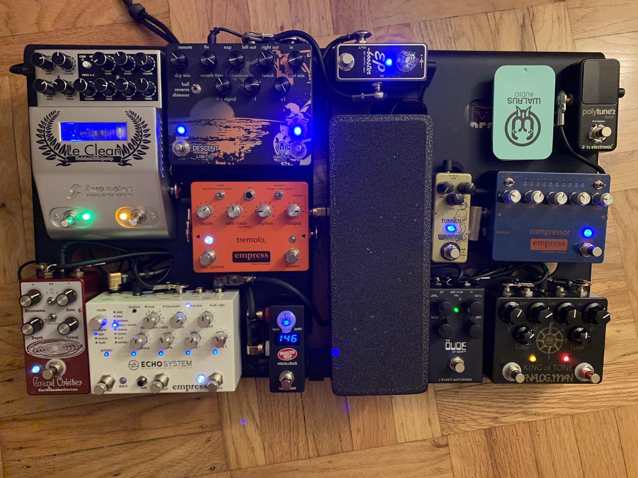 Current pedalboard. Lots of Empress and the King of Tone! I'm not a fan