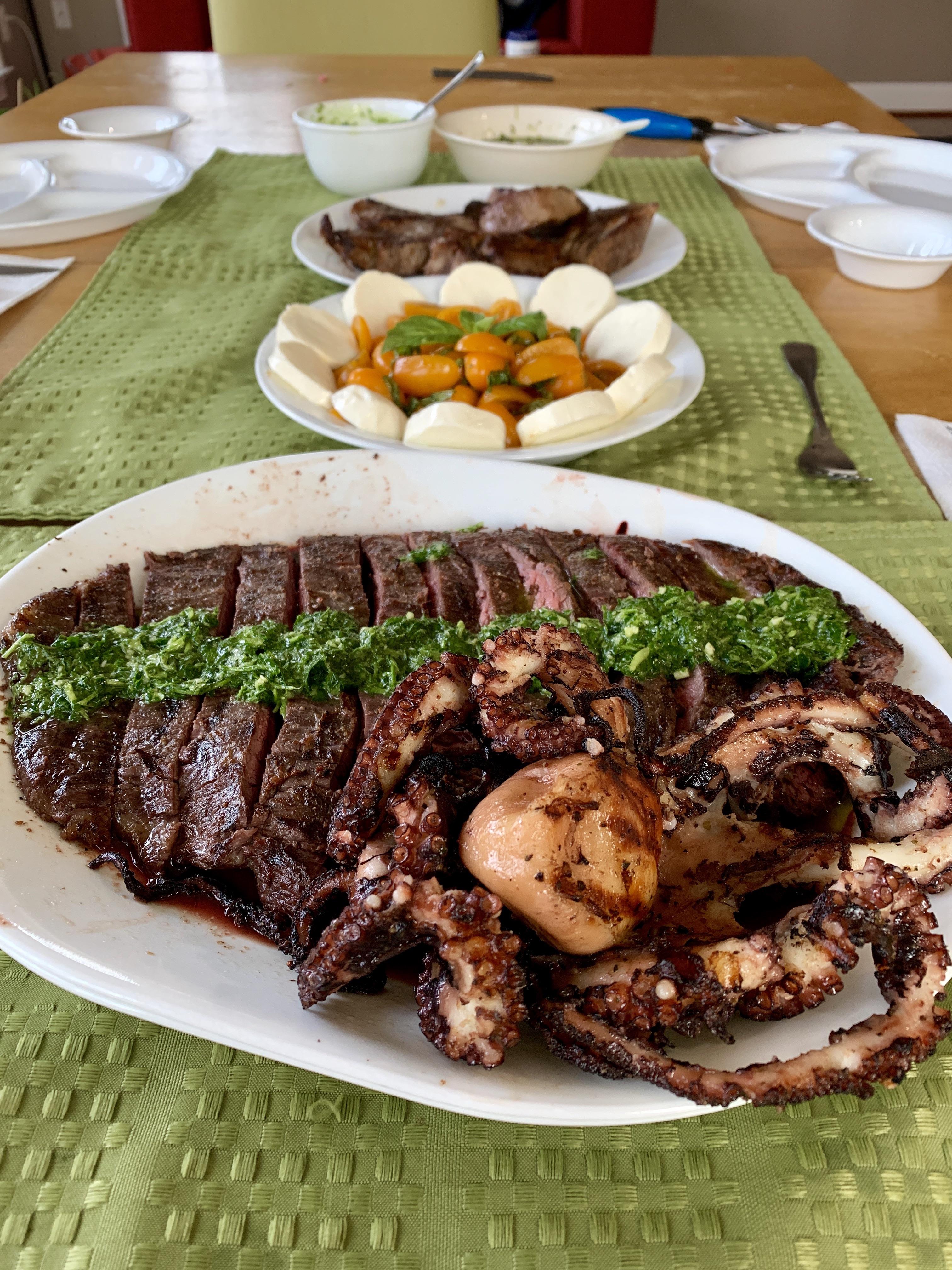 Sous vide flank steak with chimichurri and octopus r/steak